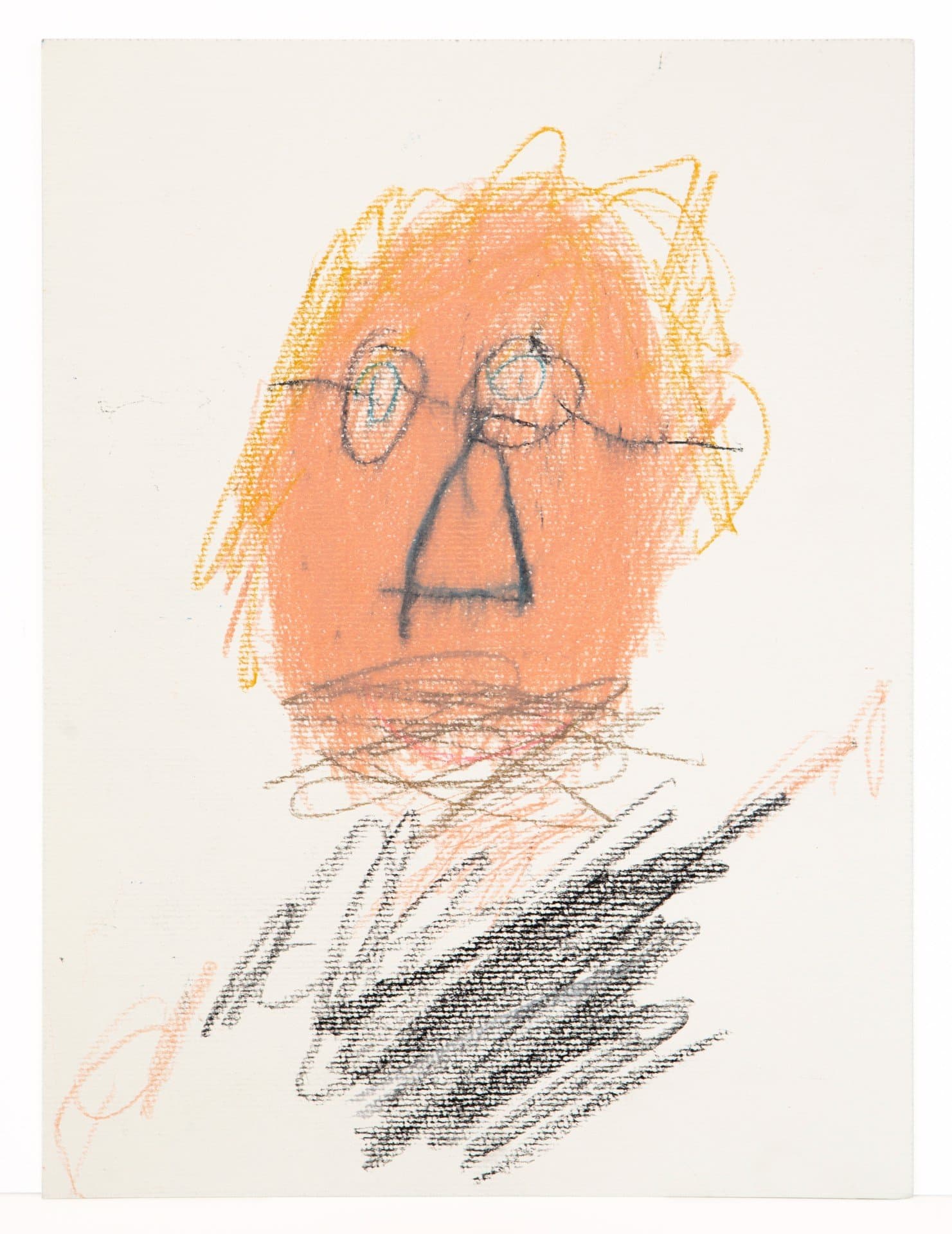 Portrait drawing in orange and black art stix showing a face with glasses, yellow hair, and loose gestural strokes on paper.
