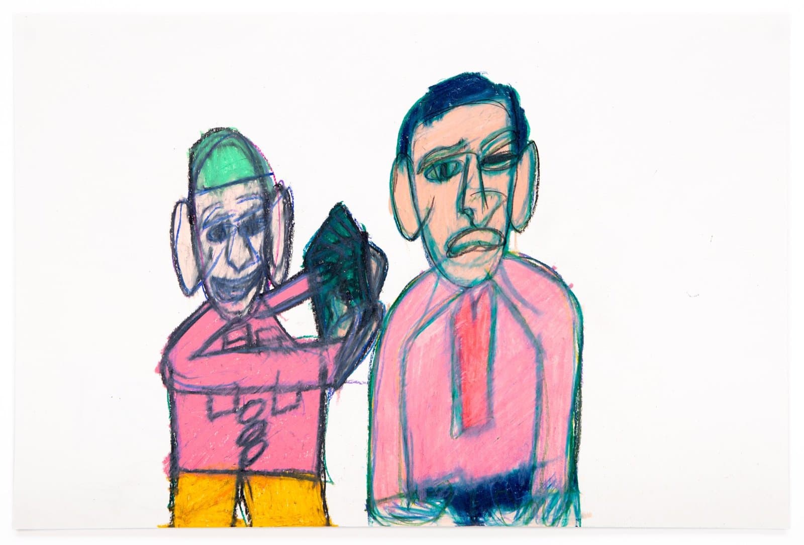 Figurative drawing in pastel showing two men, one touching the other's head, rendered in pink, green, and yellow on white paper.