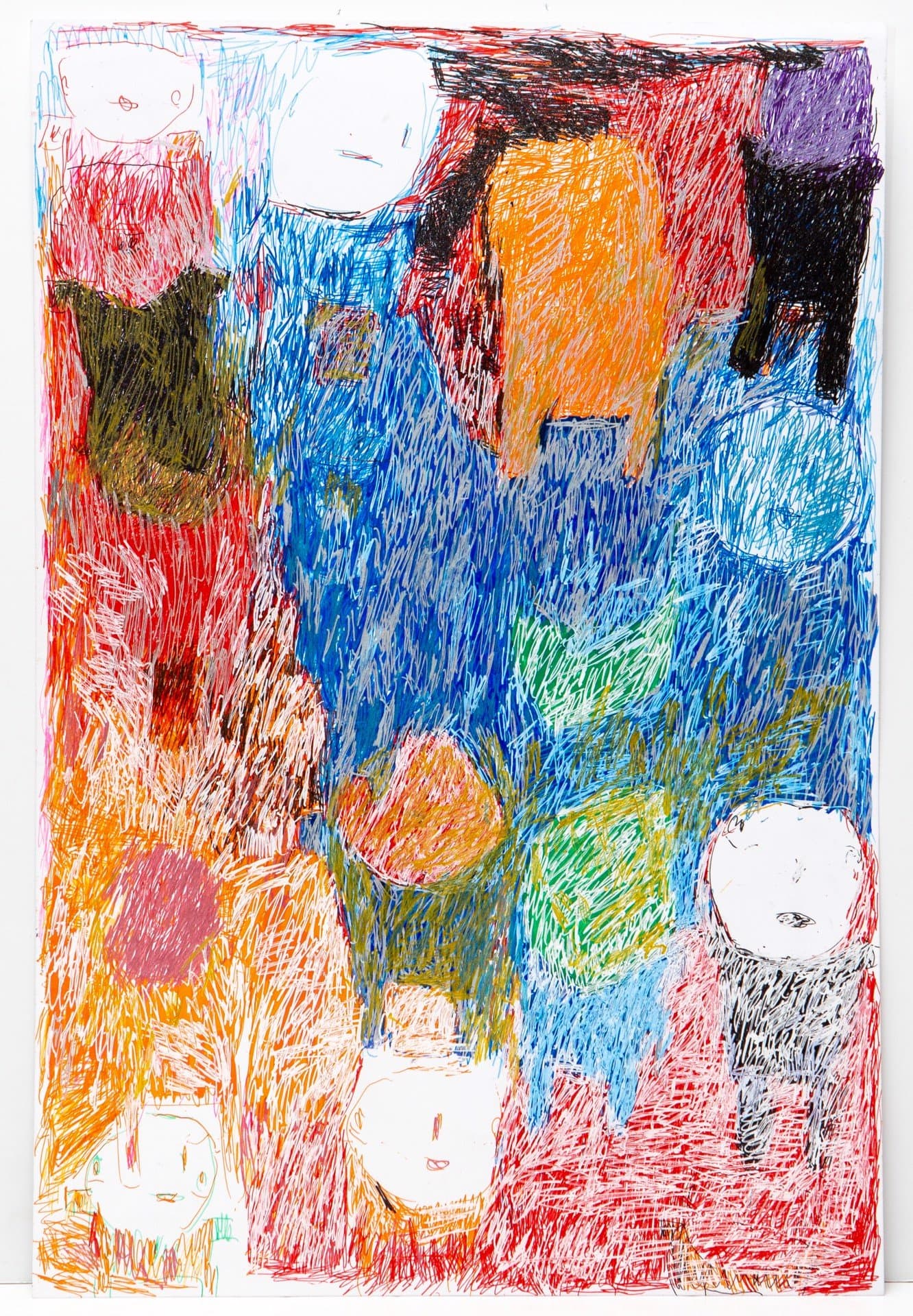 Abstract drawing in pen on paper with densely hatched colored areas and several simplified white face forms