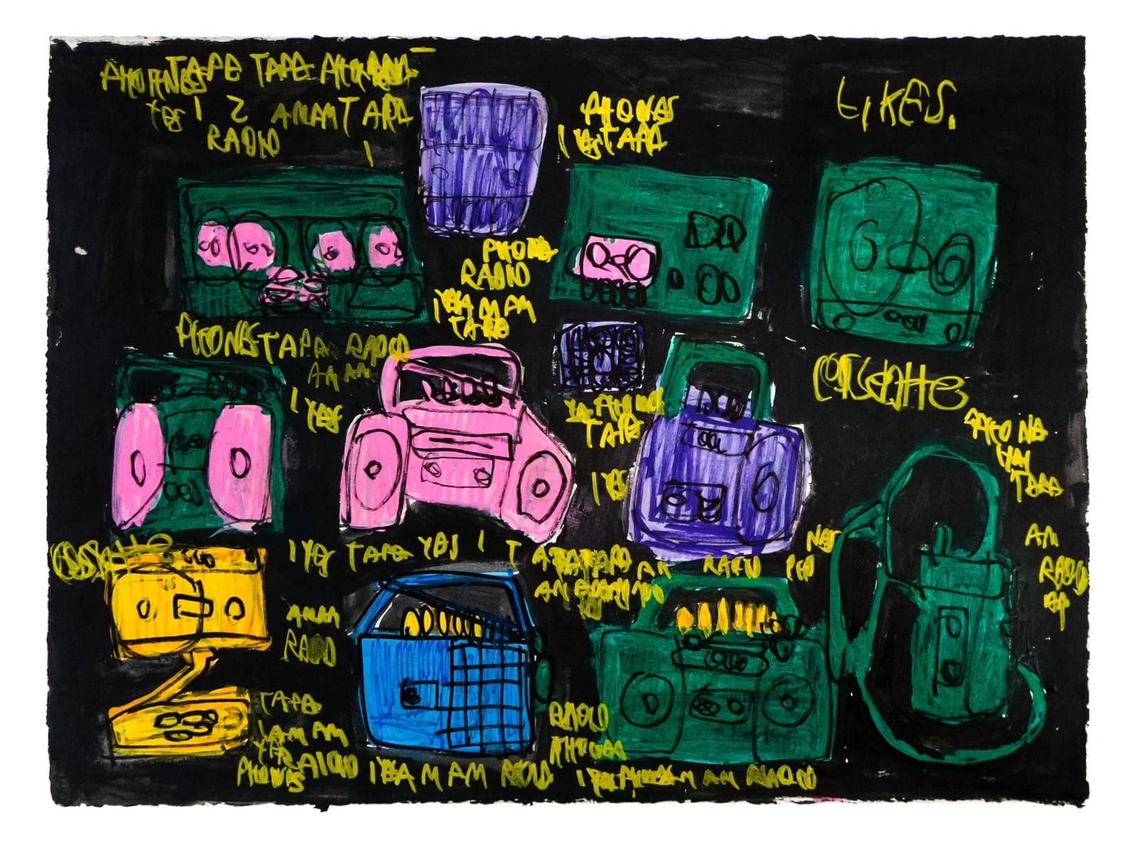Colorful drawing on black paper showing various radio and cassette players with handwritten text labels