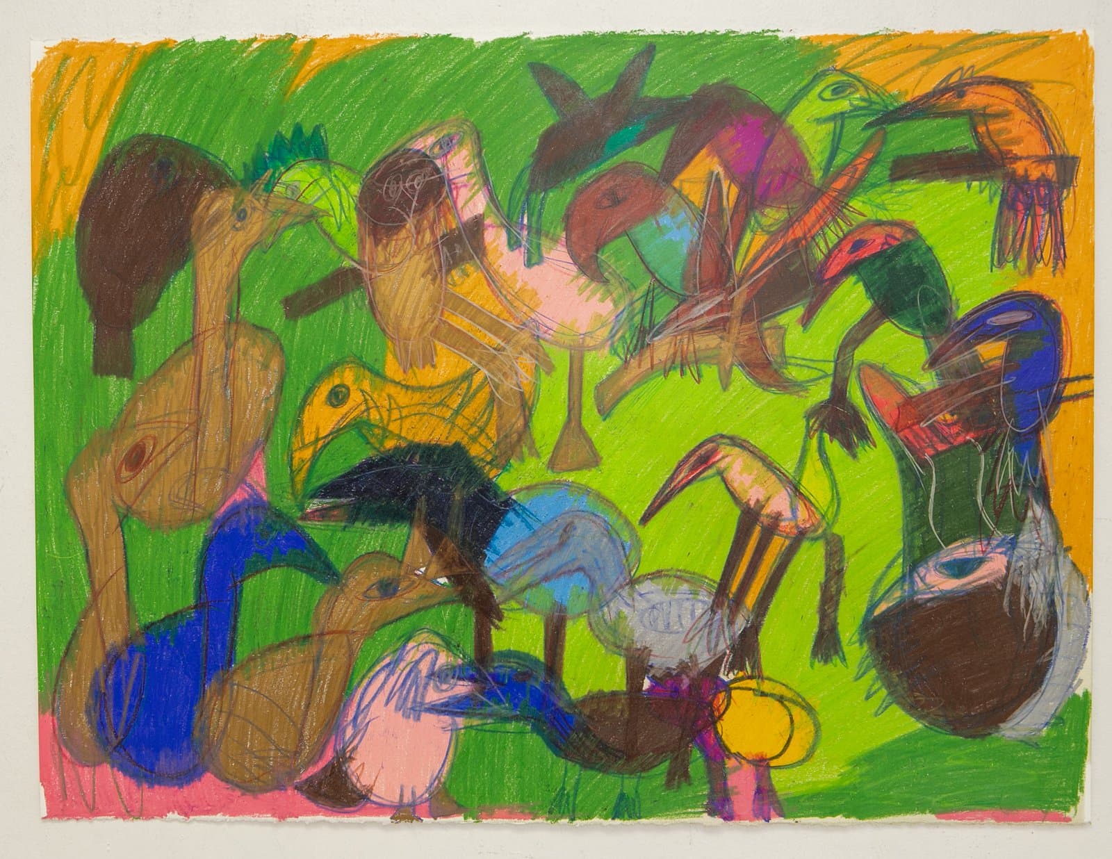 Colorful drawing of overlapping birds and figures in Prismacolor on paper, set against a bright green background with orange corners.