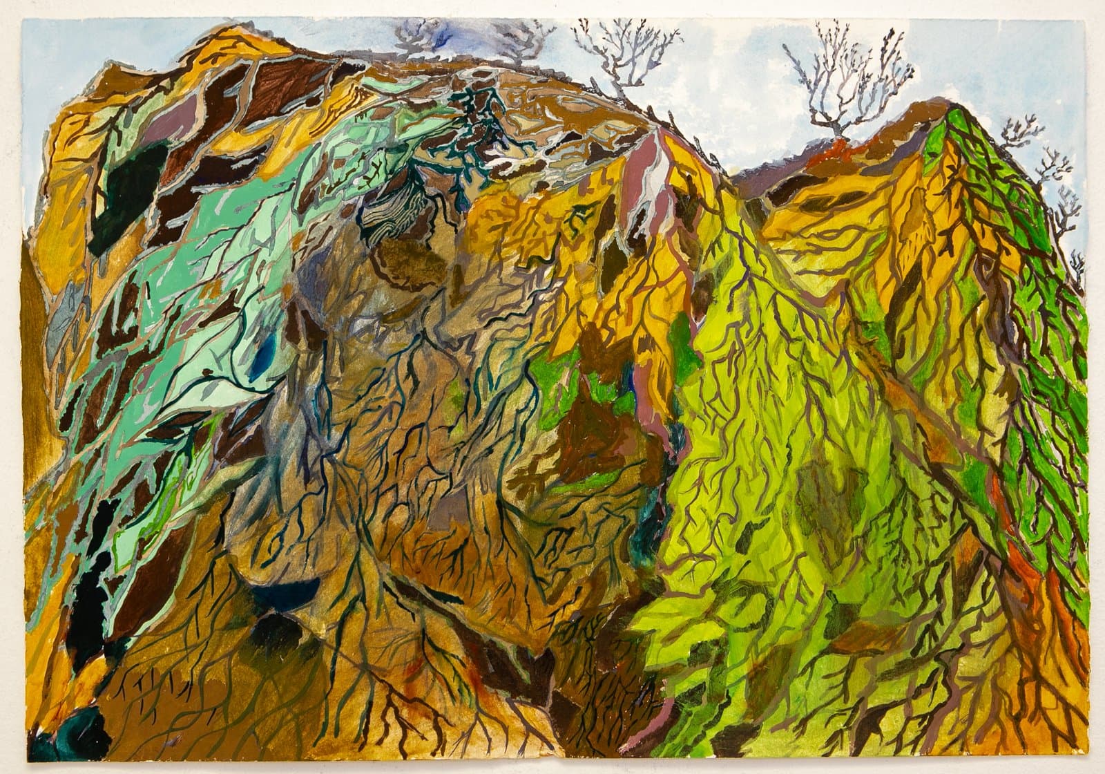 Landscape painting in acrylic on paper depicting two large hills covered in dense branching vein-like patterns in gold, green, and brown.
