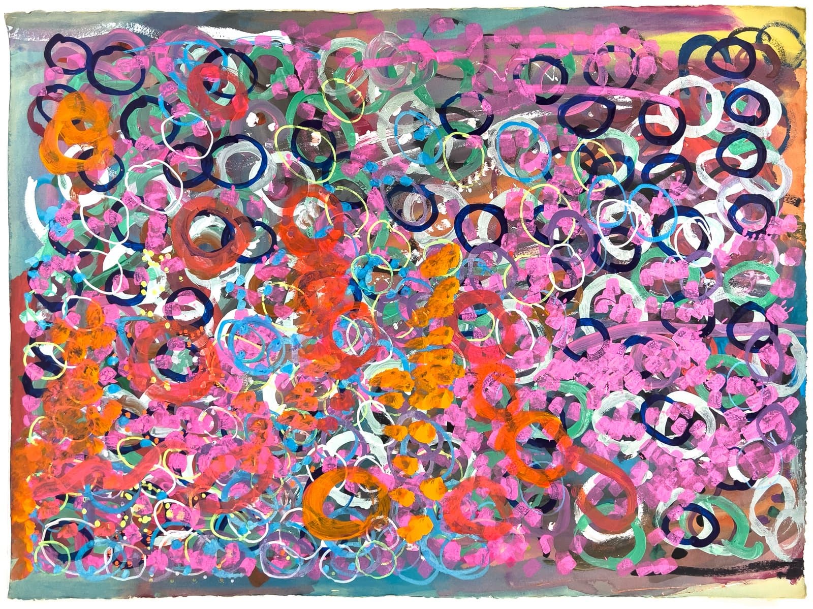 Abstract acrylic painting densely filled with overlapping circles and rings in pink, orange, red, navy, teal, and white.