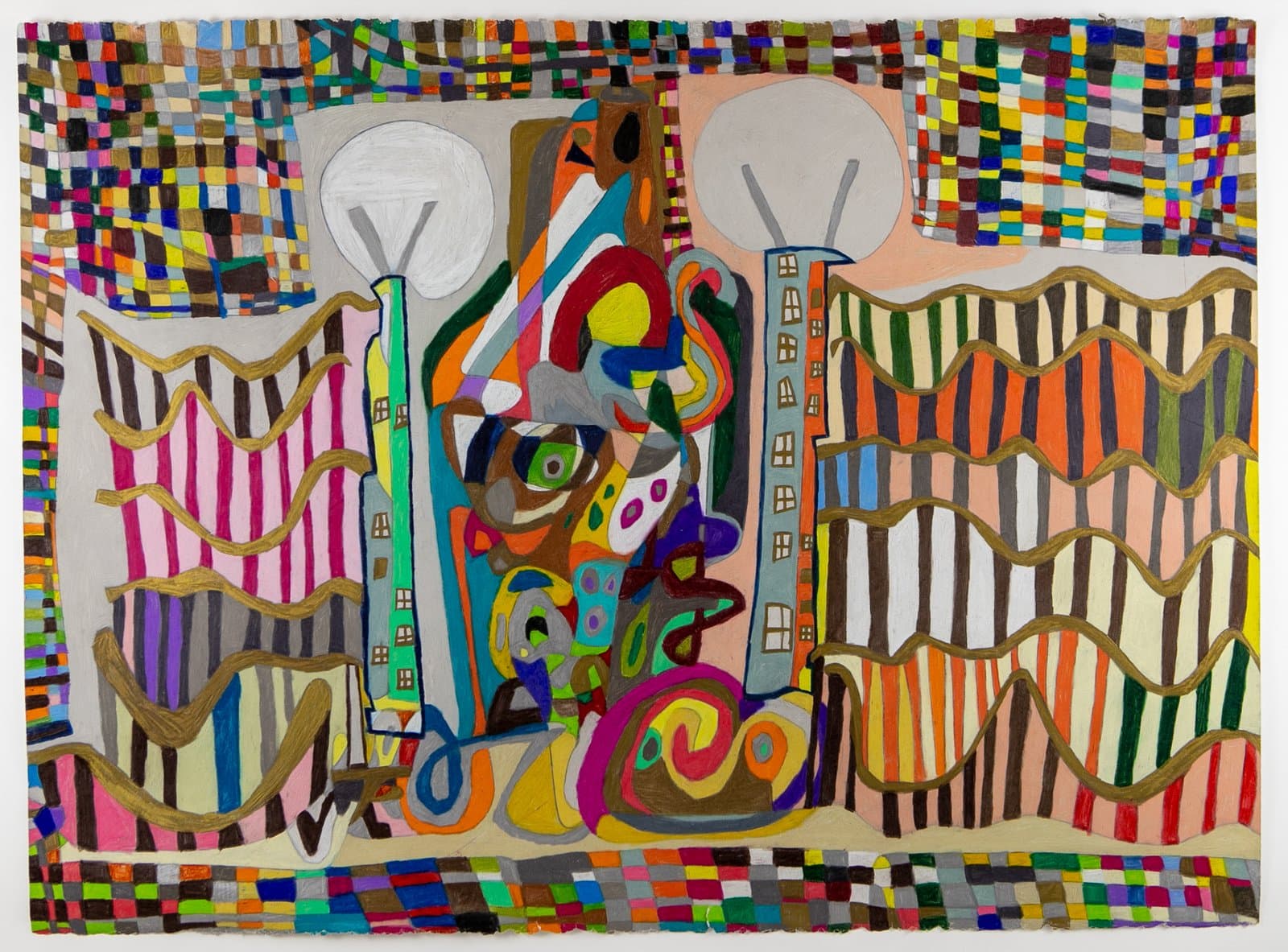 Densely layered drawing in marker on paper featuring abstracted cityscape with striped buildings, swirling forms, and multicolored grid borders.