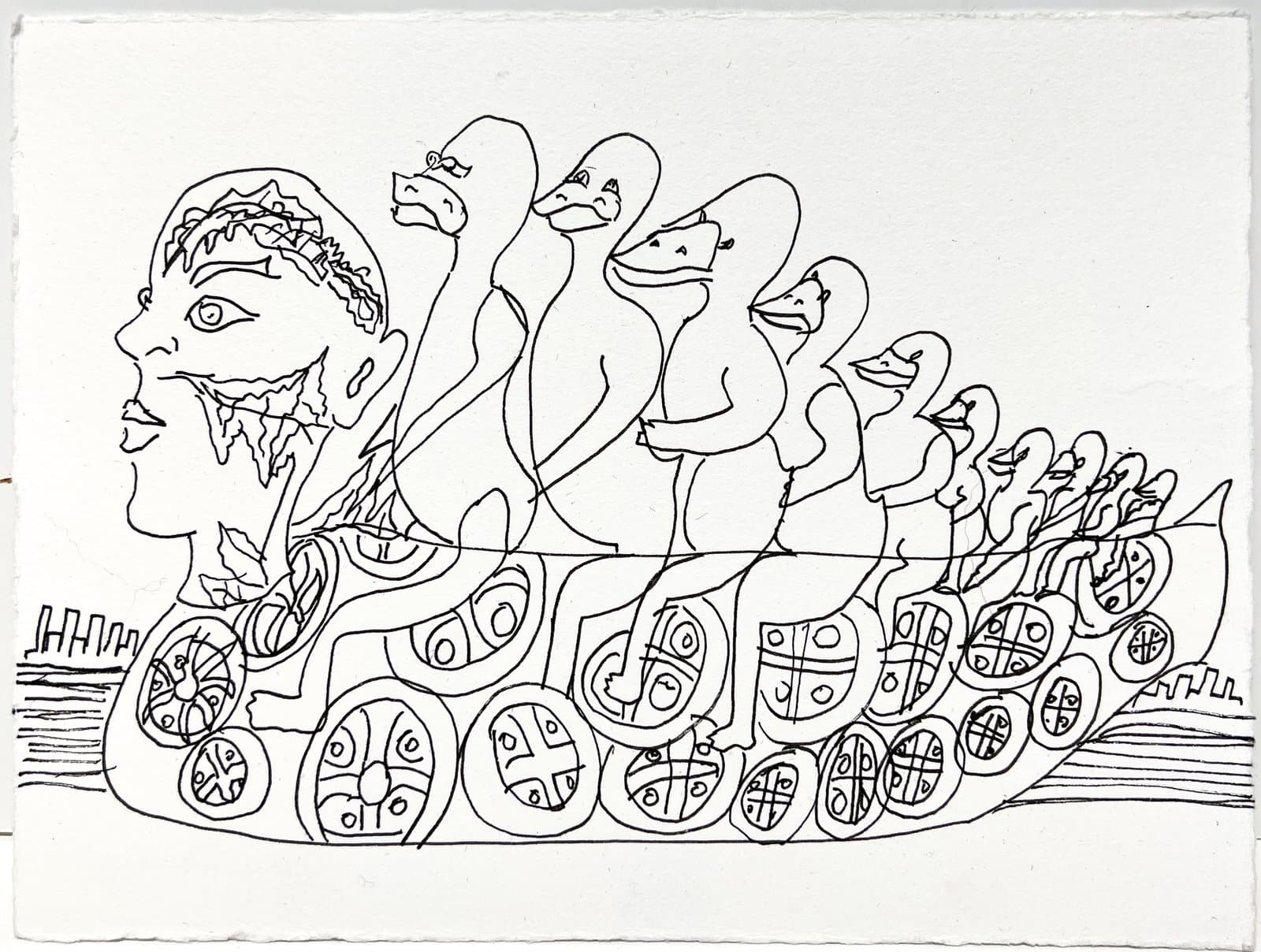 Black ink drawing on white paper featuring a human face in profile on the left alongside a row of duck figures above decorative circular forms.