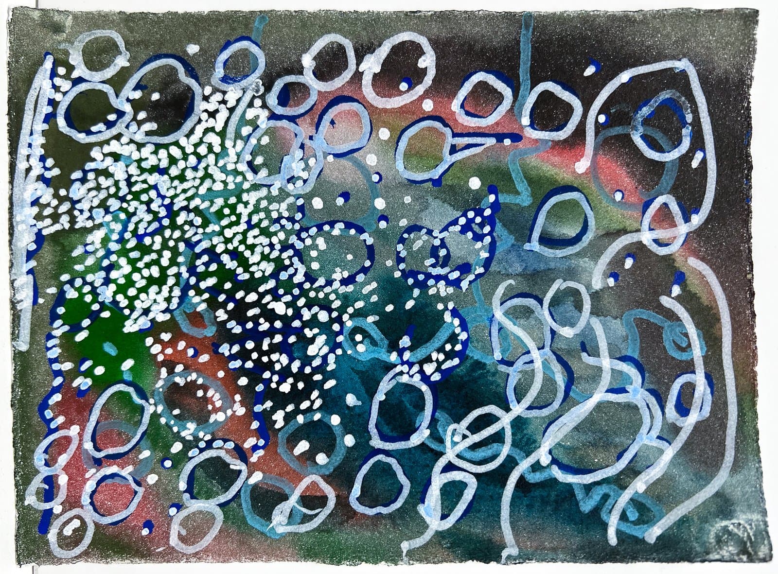 Abstract acrylic painting with white oval outlines and dots scattered across a dark green, blue, and red background.