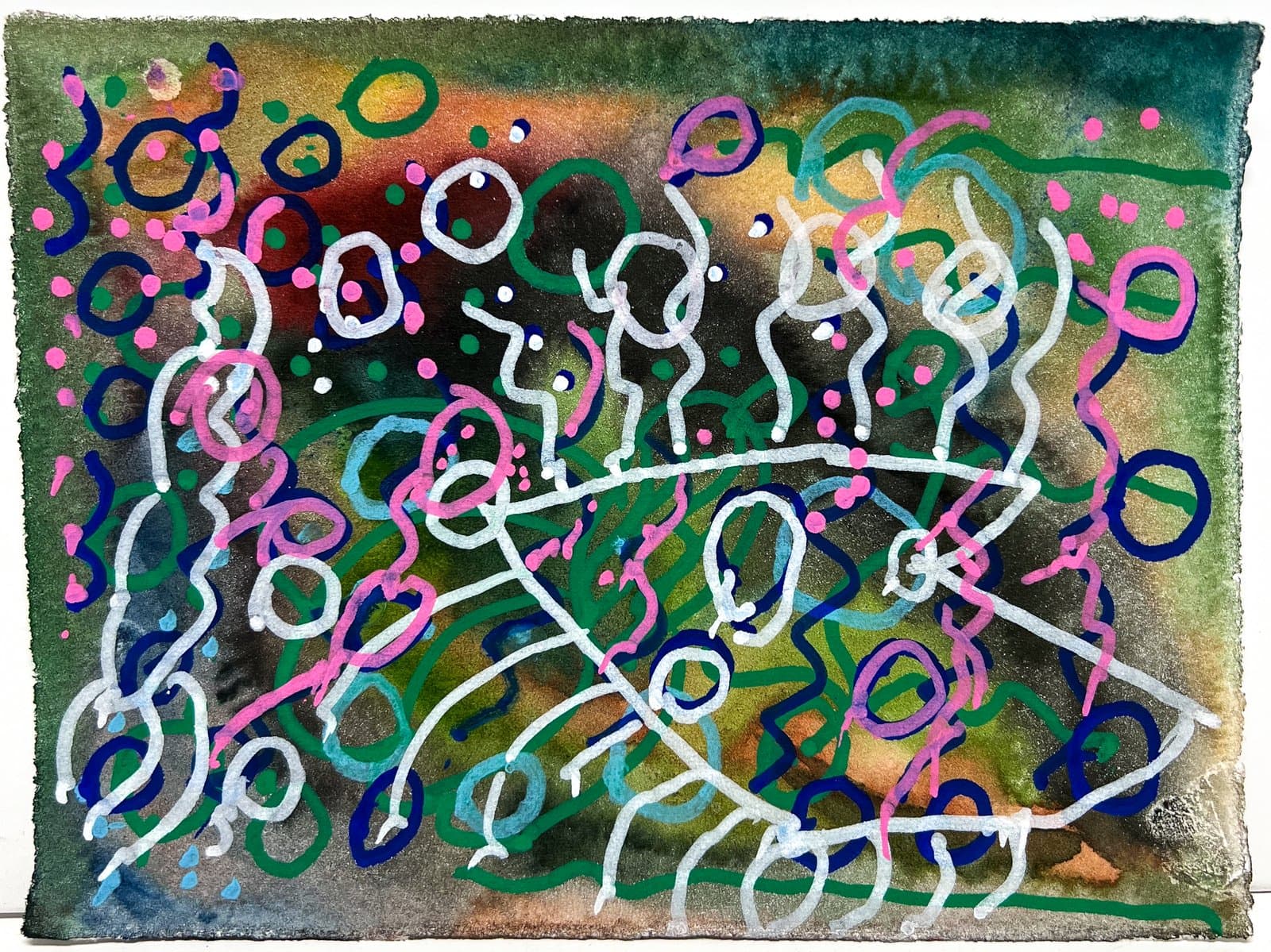 Abstract acrylic painting with white stick figures and swirling loops in pink, blue, and green on a dark mottled background.