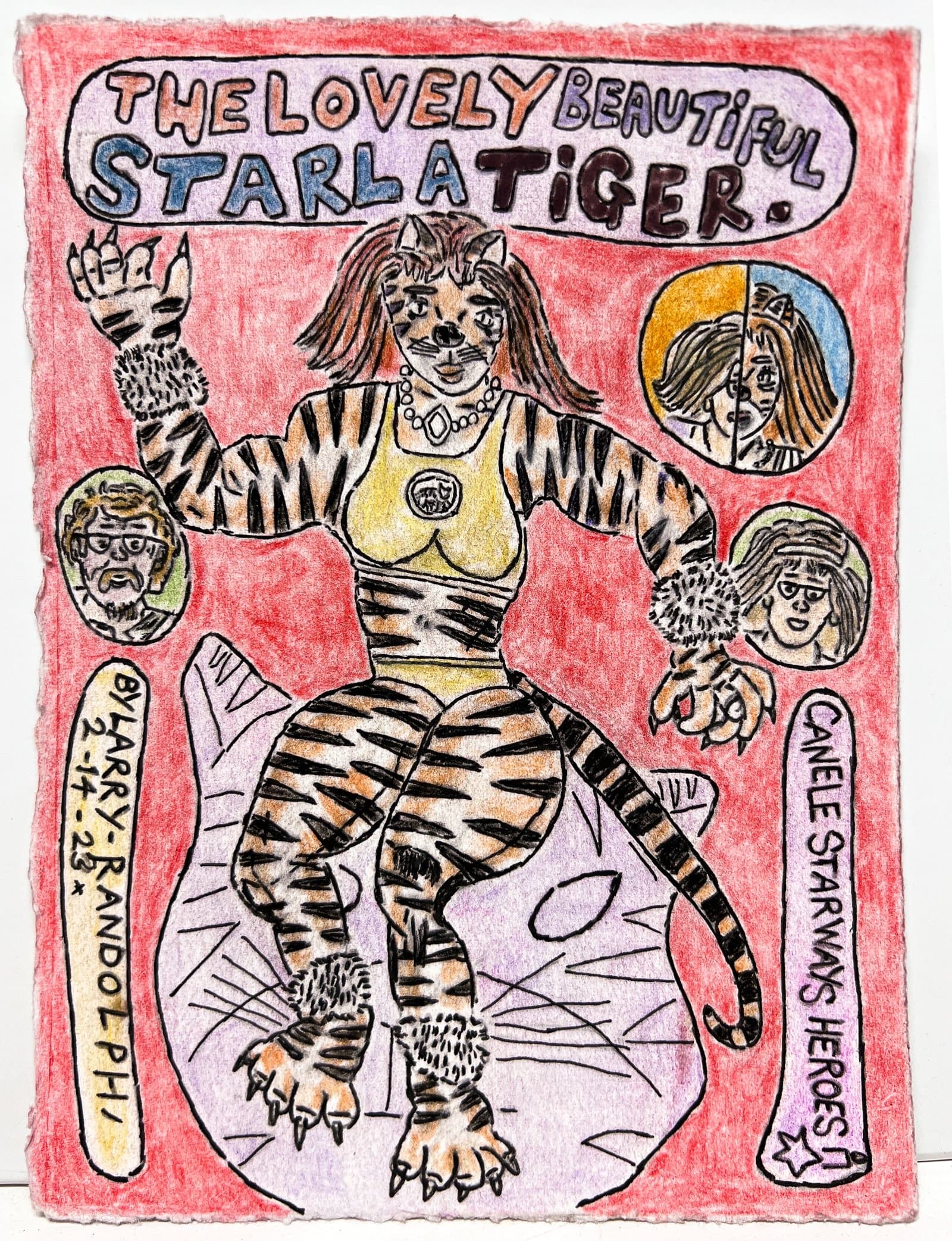 Mixed media drawing of a tiger-human figure with striped body, surrounded by portrait medallions and handwritten text on red background.
