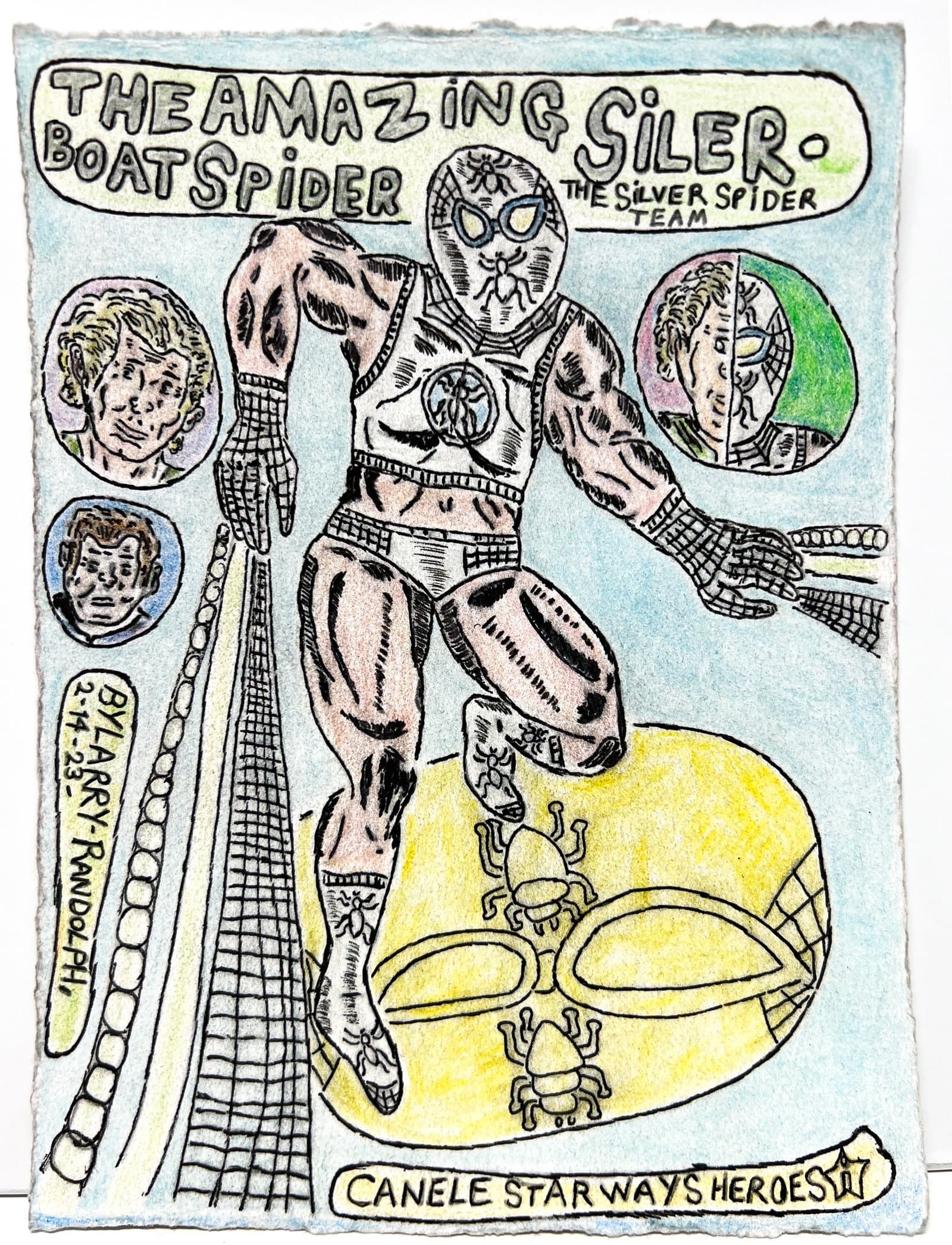 Comic-style drawing in pencil and watercolor of a spider-hero figure standing on a yellow vessel, with text and portrait medallions.