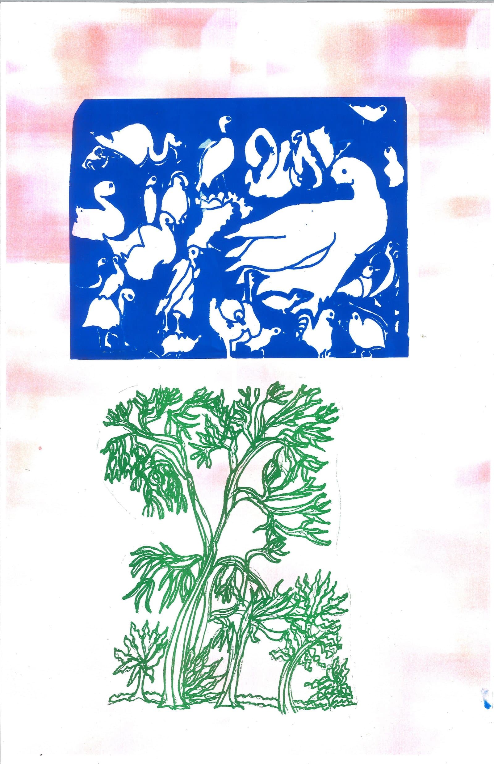Poster with two prints on pink-washed paper: a blue linocut of white animal figures above a green line-print tree.