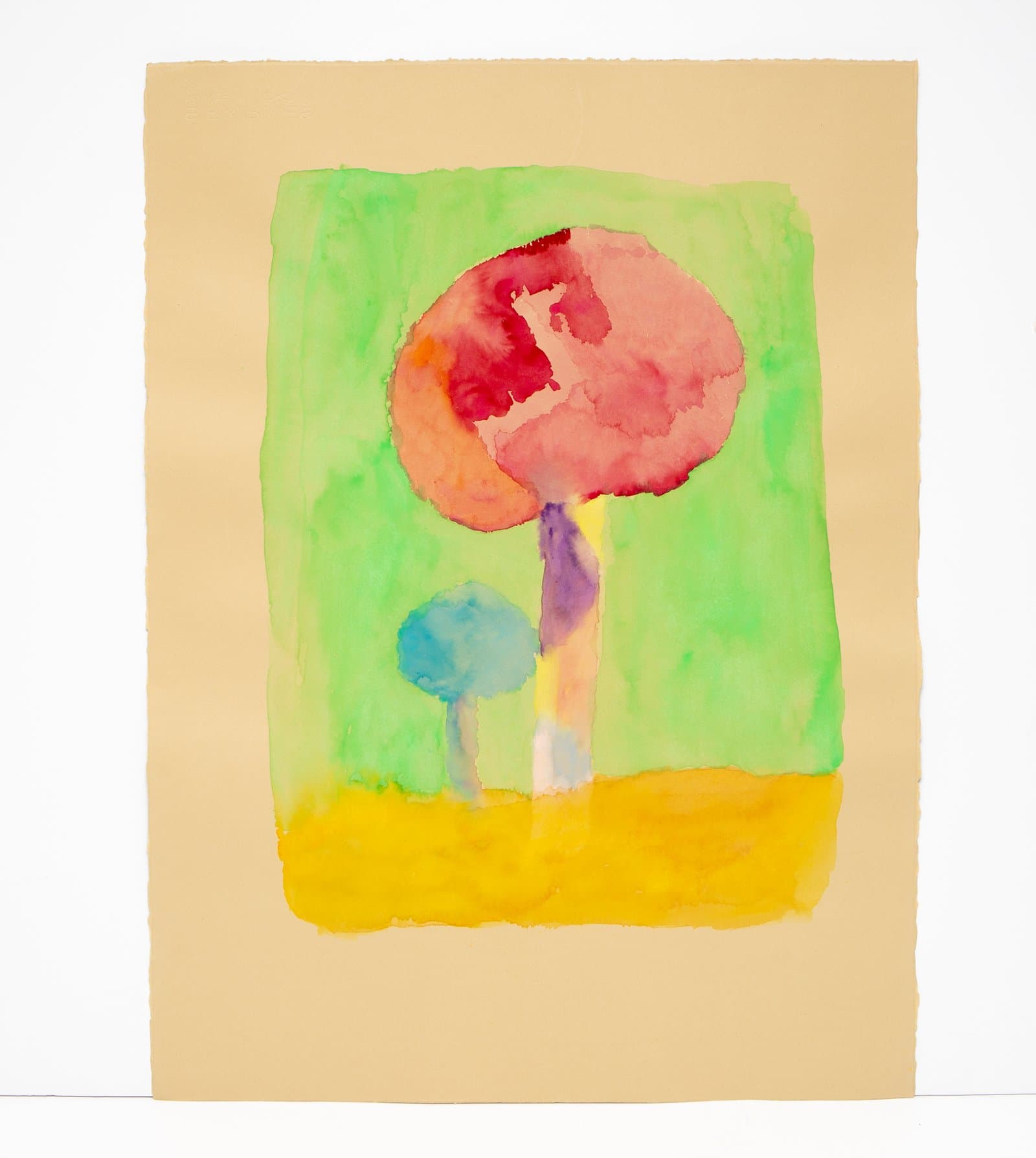 Watercolor painting of two tree-like forms in pink, purple, and blue against a bright green background with yellow ground.