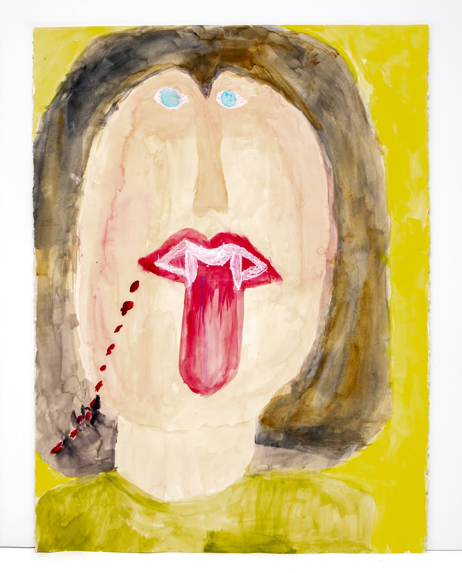 Watercolor portrait of a large-faced figure with blue eyes, red lips, extended tongue, and brown hair on yellow background.