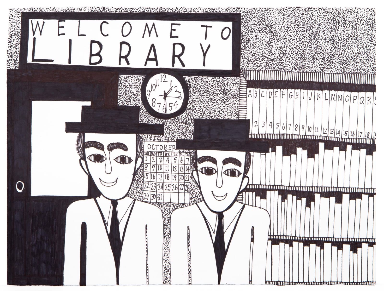 Black ink drawing of library interior with two figures, bookshelves, clock, and 'WELCOME TO LIBRARY' sign on white paper.