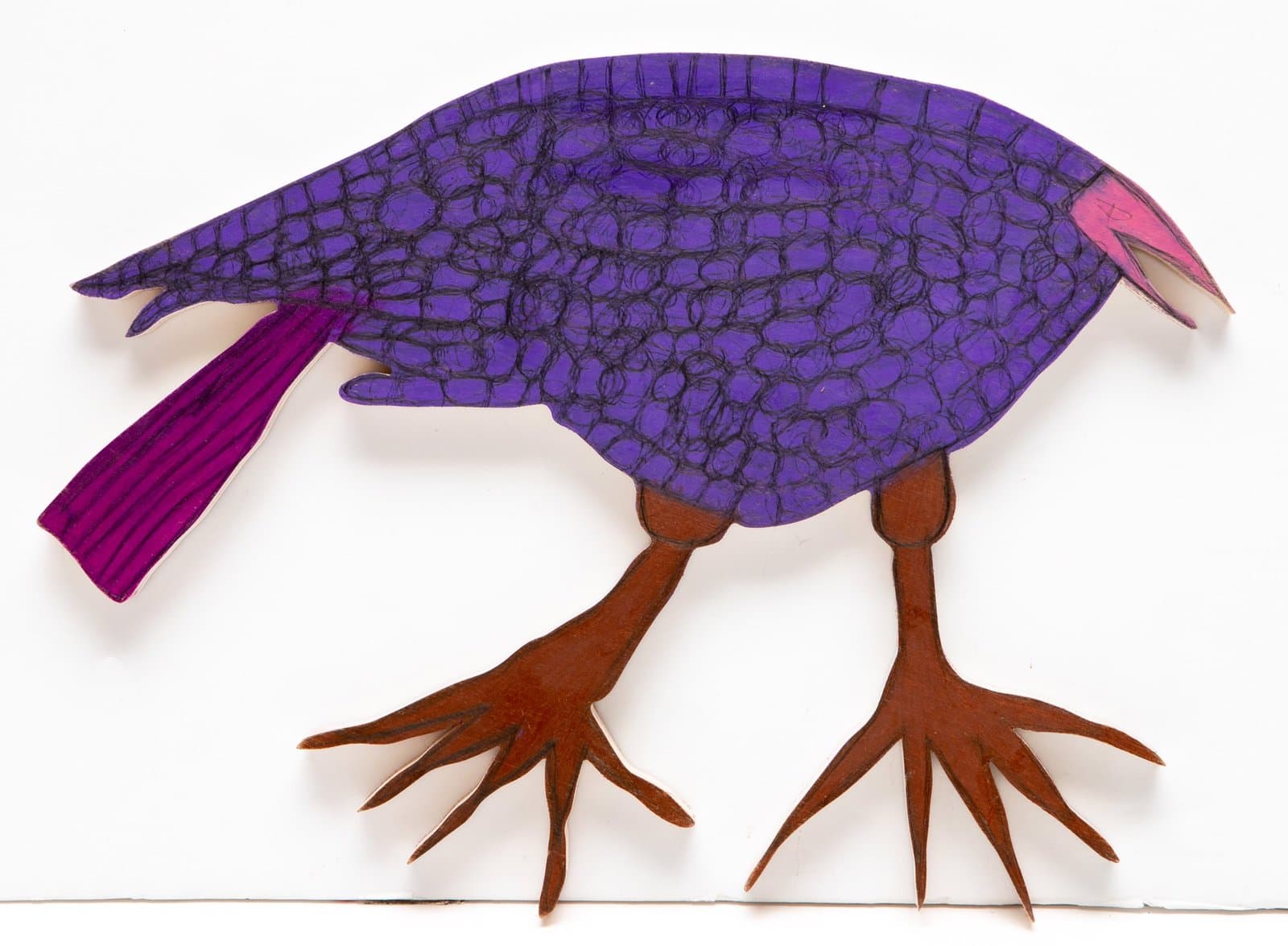 Mixed media bird sculpture with purple textured body, magenta tail feathers, and brown clawed feet on white background.