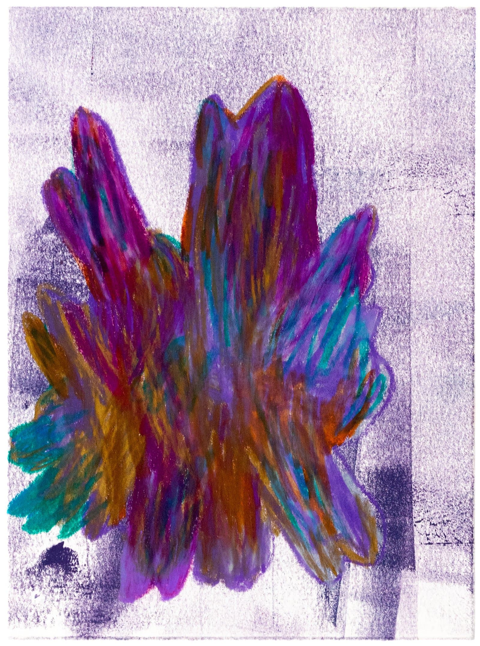 Abstract monoprint with a dense central burst of upward-reaching forms in purple, magenta, teal, and brown on a pale lavender ground.
