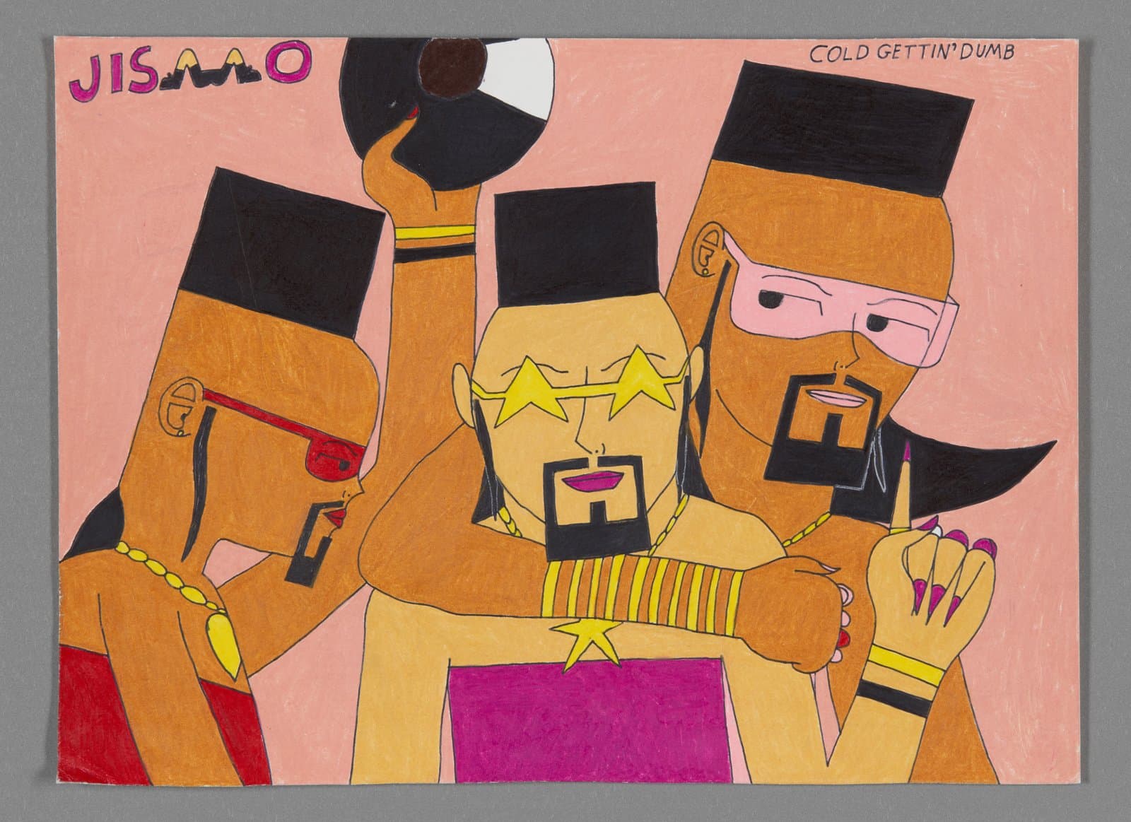Colorful drawing depicting three cartoon-style figures with geometric black hats on pink background, rendered in markers and colored pencil.