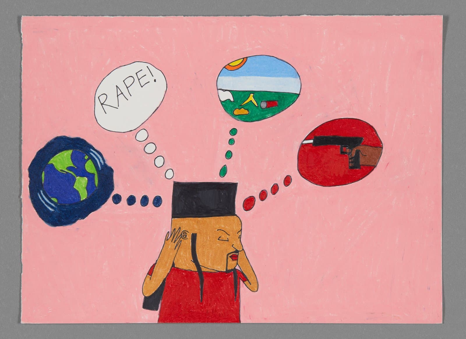 Drawing of a figure with thought bubbles showing Earth, landscape, gun, and 'RAPE!' text on pink paper