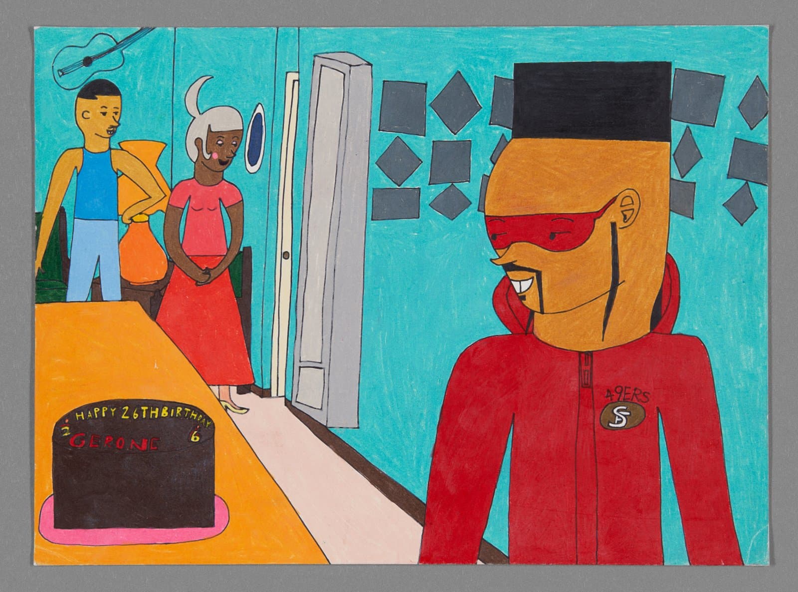 Drawing showing birthday celebration with figures in room, colored pencils and ink on paper