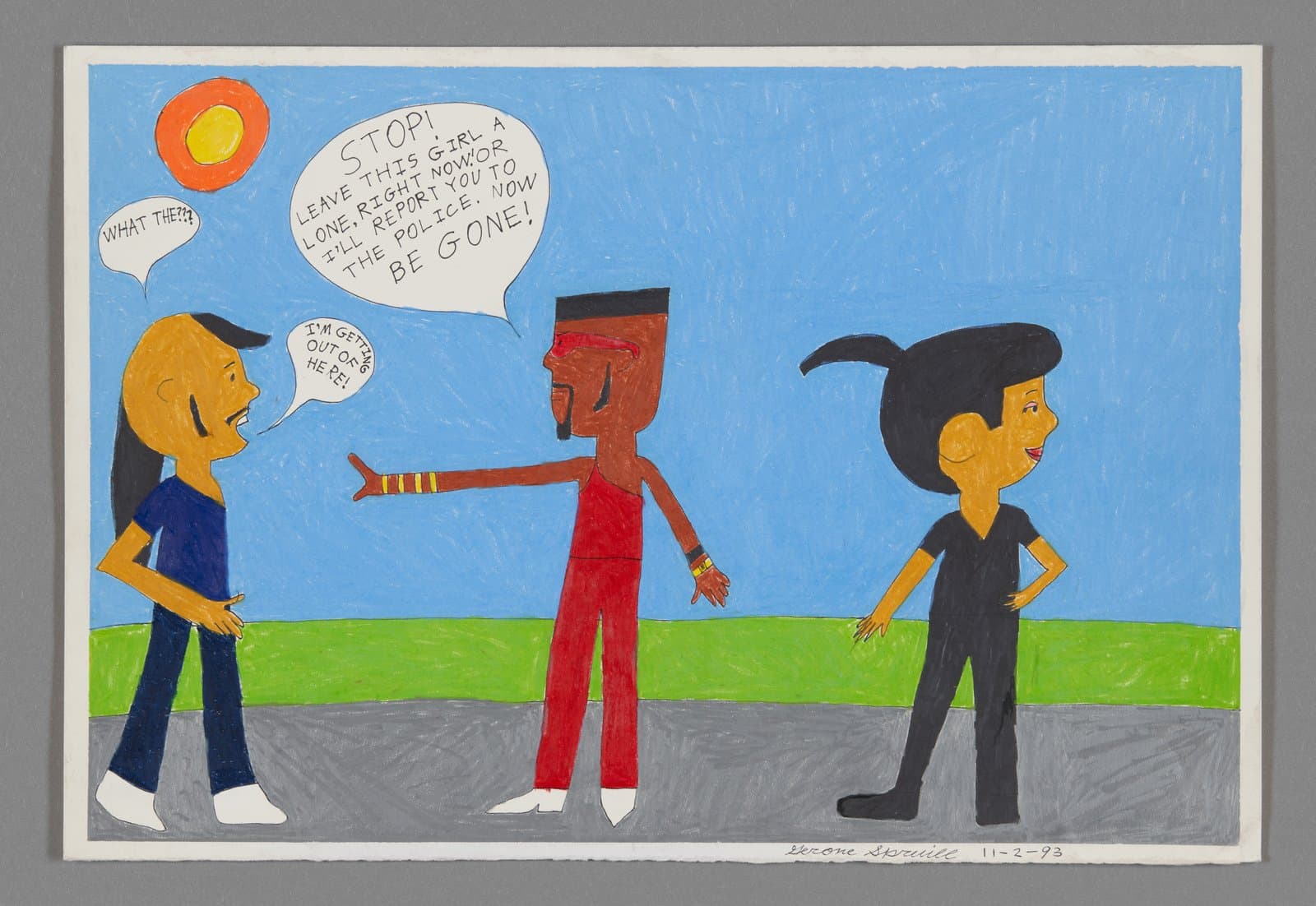 Drawing of three figures on street with speech bubbles, one red figure pointing, in colored pencil and ink