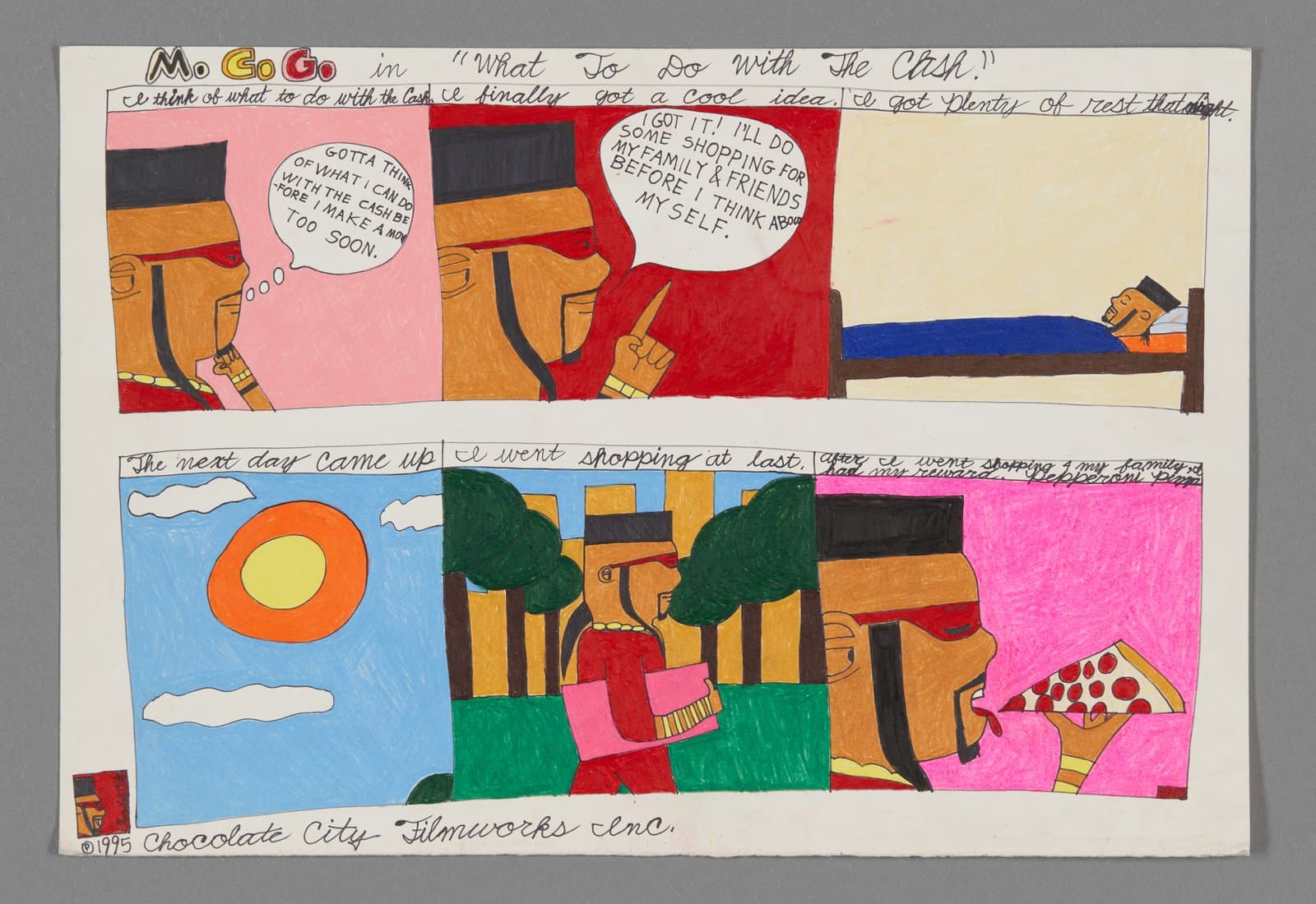 Comic-style drawing with two panels showing colorful characters in conversation, made with colored pencil and ink