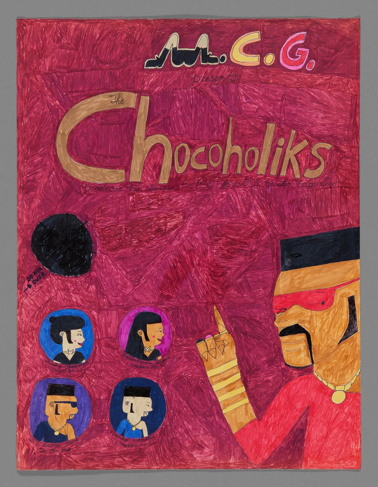 Drawing with red background featuring 'M.C.G. Chocoholiks' text and cartoon-style portraits in circular frames