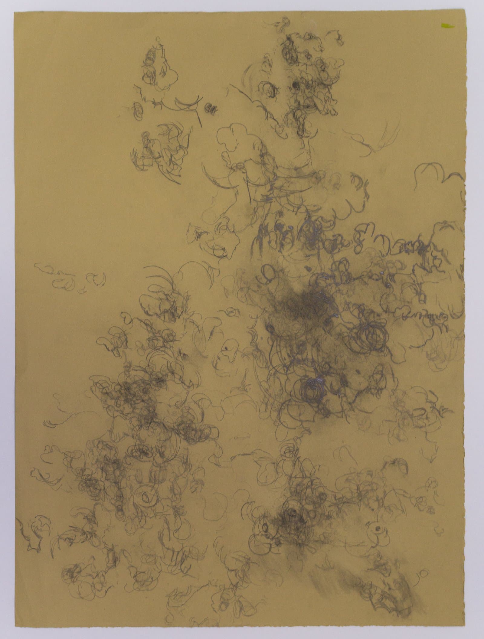 Abstract drawing in graphite and ballpoint pen with clustered curvilinear forms scattered across golden-tan paper.