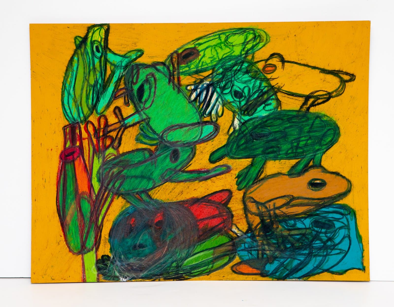 Expressive drawing in oil pastel and marker of frog-like figures in greens and teal on a vivid yellow-orange background.