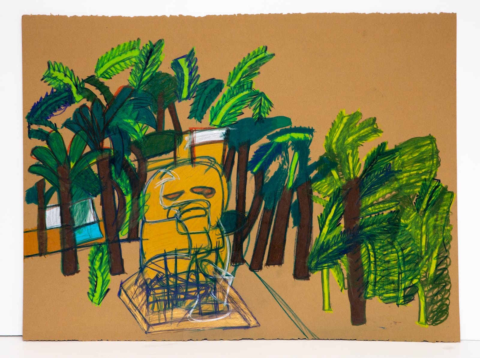 Drawing in Prismastix on kraft paper showing a yellow cartoon face among dark-trunked palm trees in green and brown.