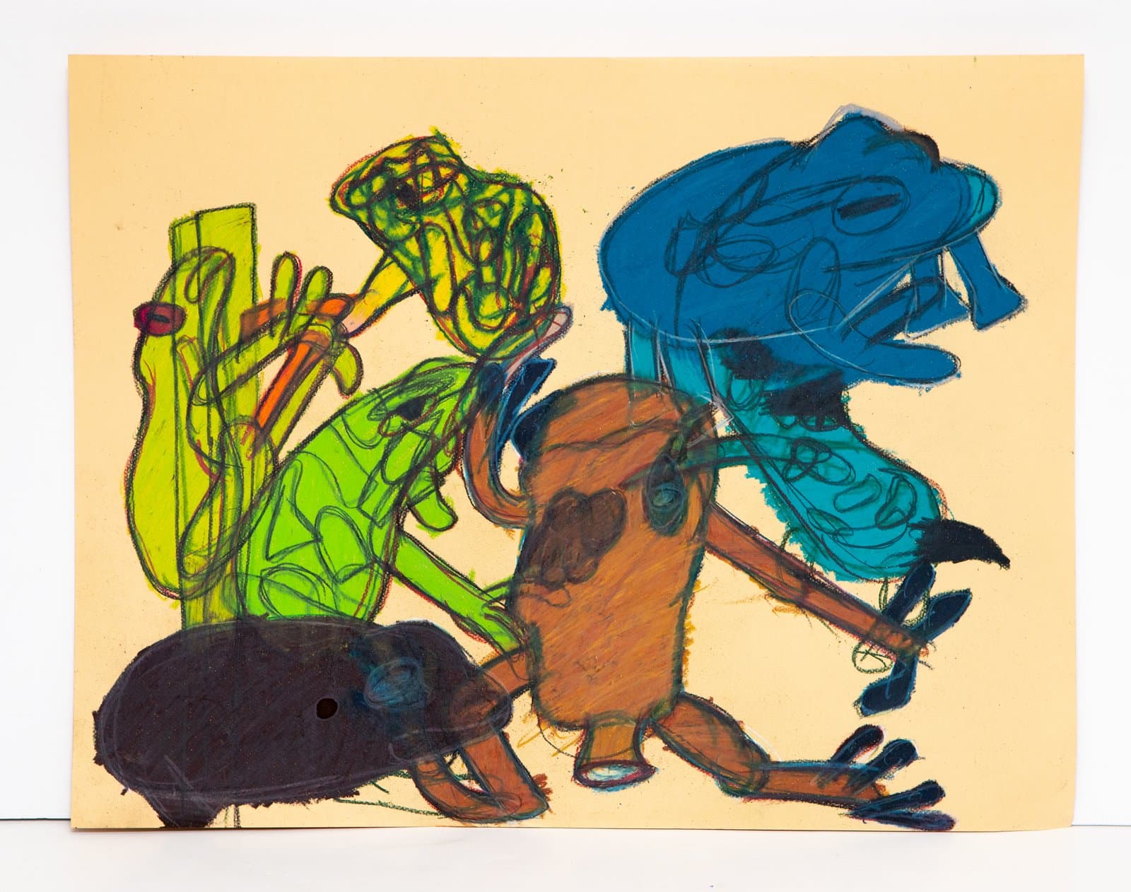 Mixed-media drawing of overlapping frog-like figures in green, blue, brown, and black on yellow-orange paper.