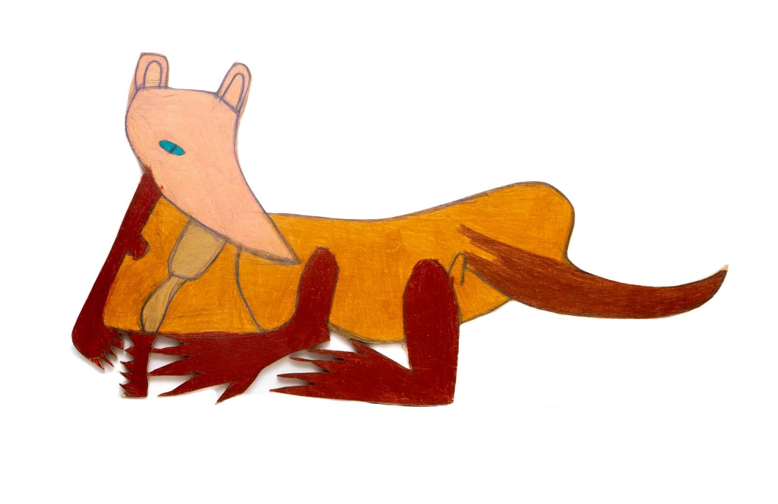 Colored pencil drawing of a reclining animal figure on a wood cutout, with a pink head, orange body, and dark red limbs.
