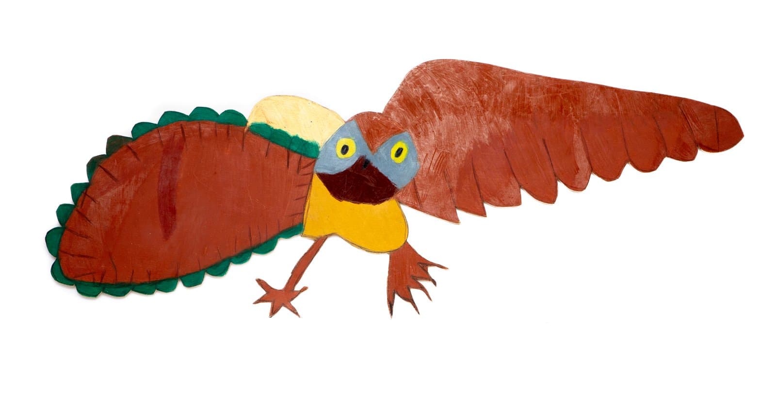 Cut-out wood sculpture of a bird in flight, painted in reddish-brown with blue, yellow, and green accents.