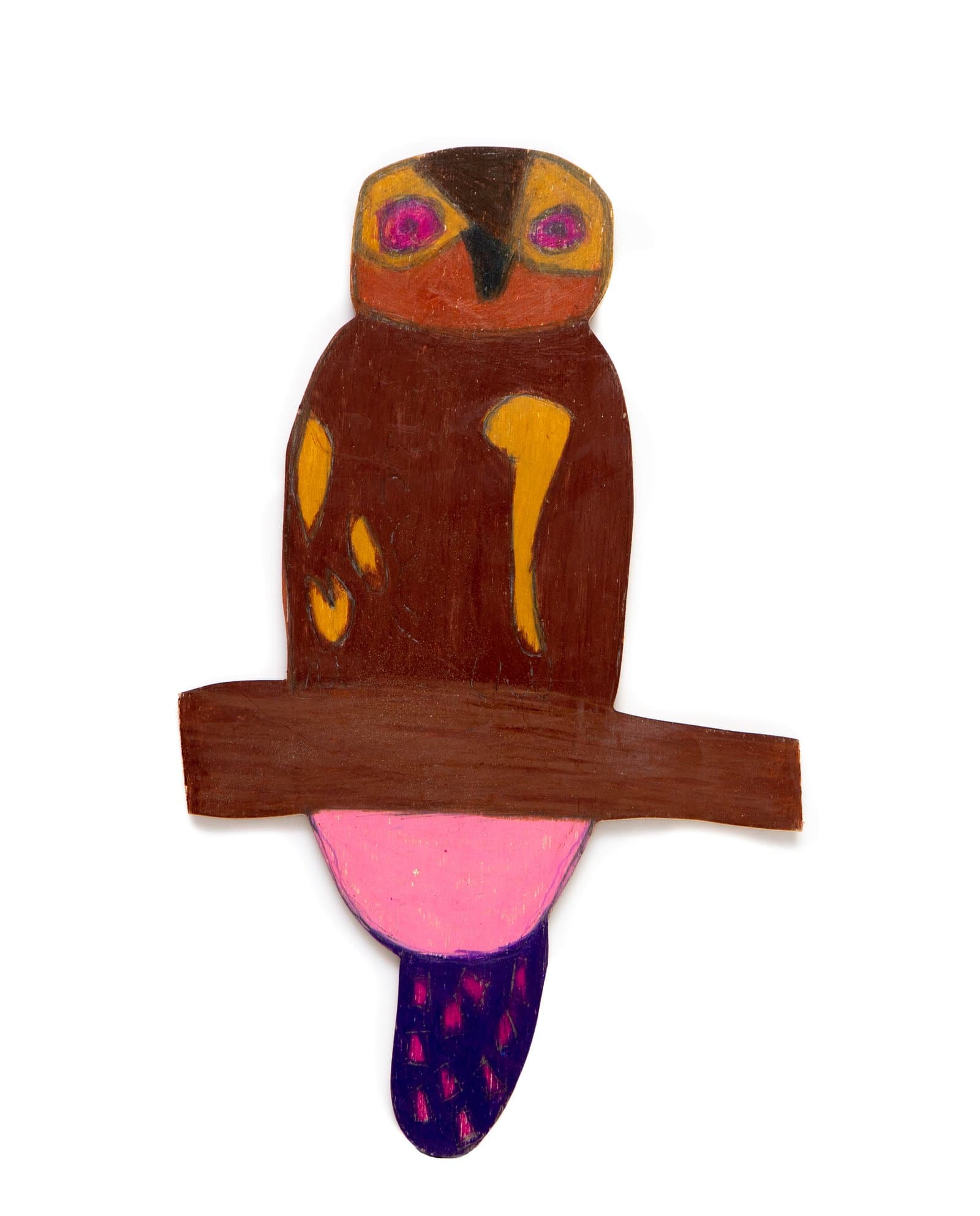 Painted wood cutout of an owl perched on a branch in brown, orange, pink, and purple oil pastel.