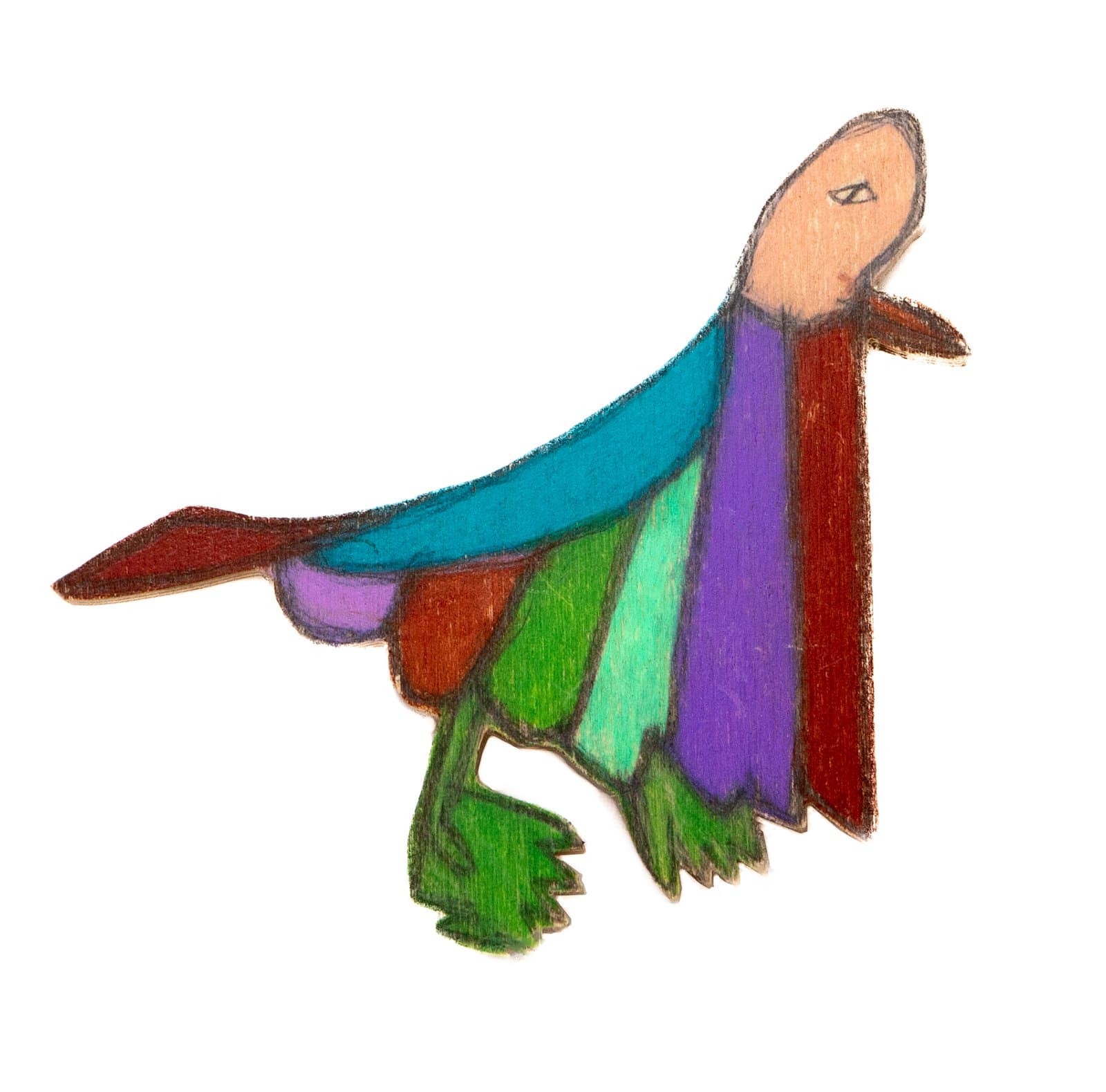 Oil pastel drawing of a fantastical bird-like creature on cut wood, with bold segments of teal, purple, red, and green.