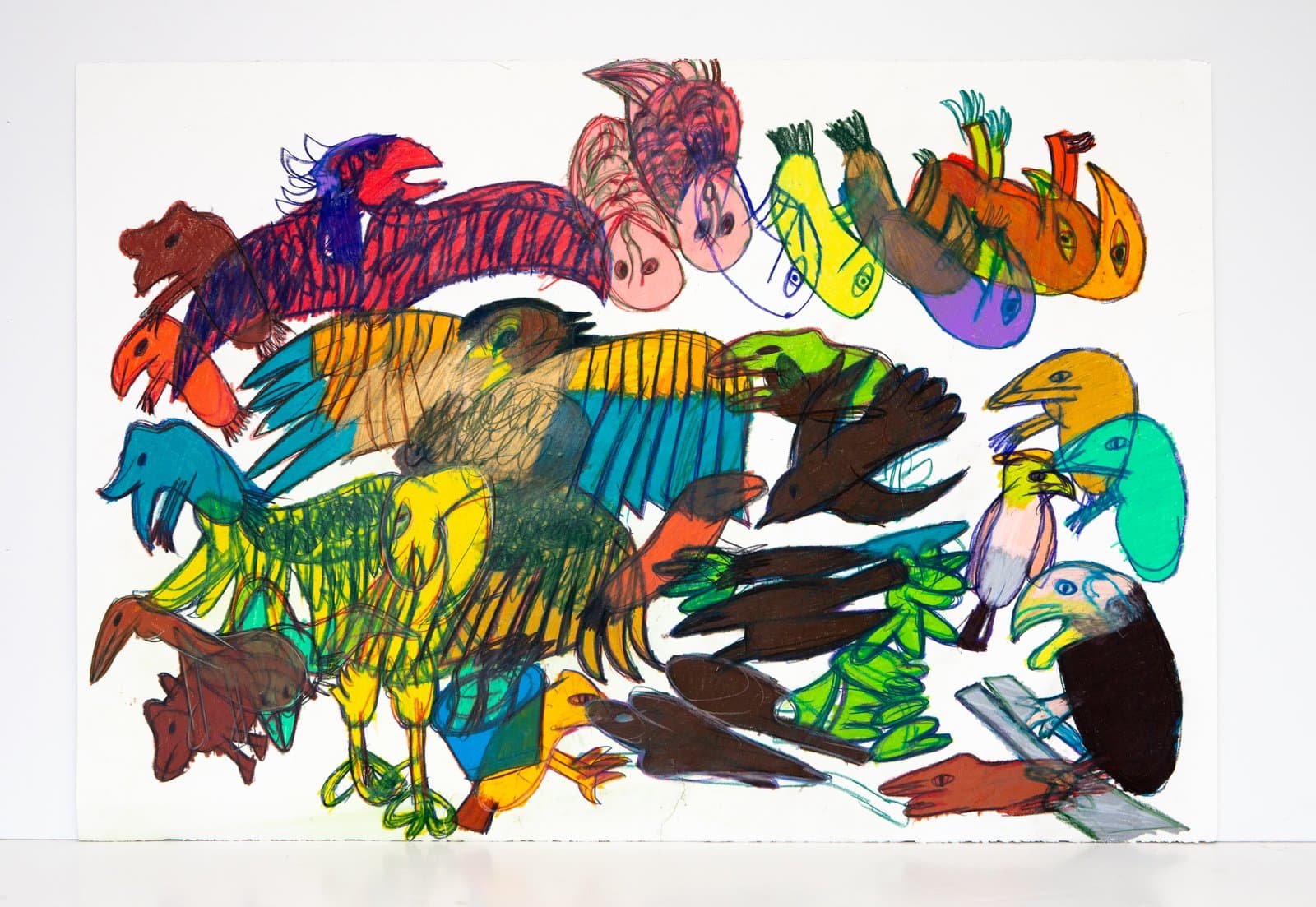 Drawing of overlapping birds in vivid colors using Prismastix marker on white paper, filling the composition edge to edge.