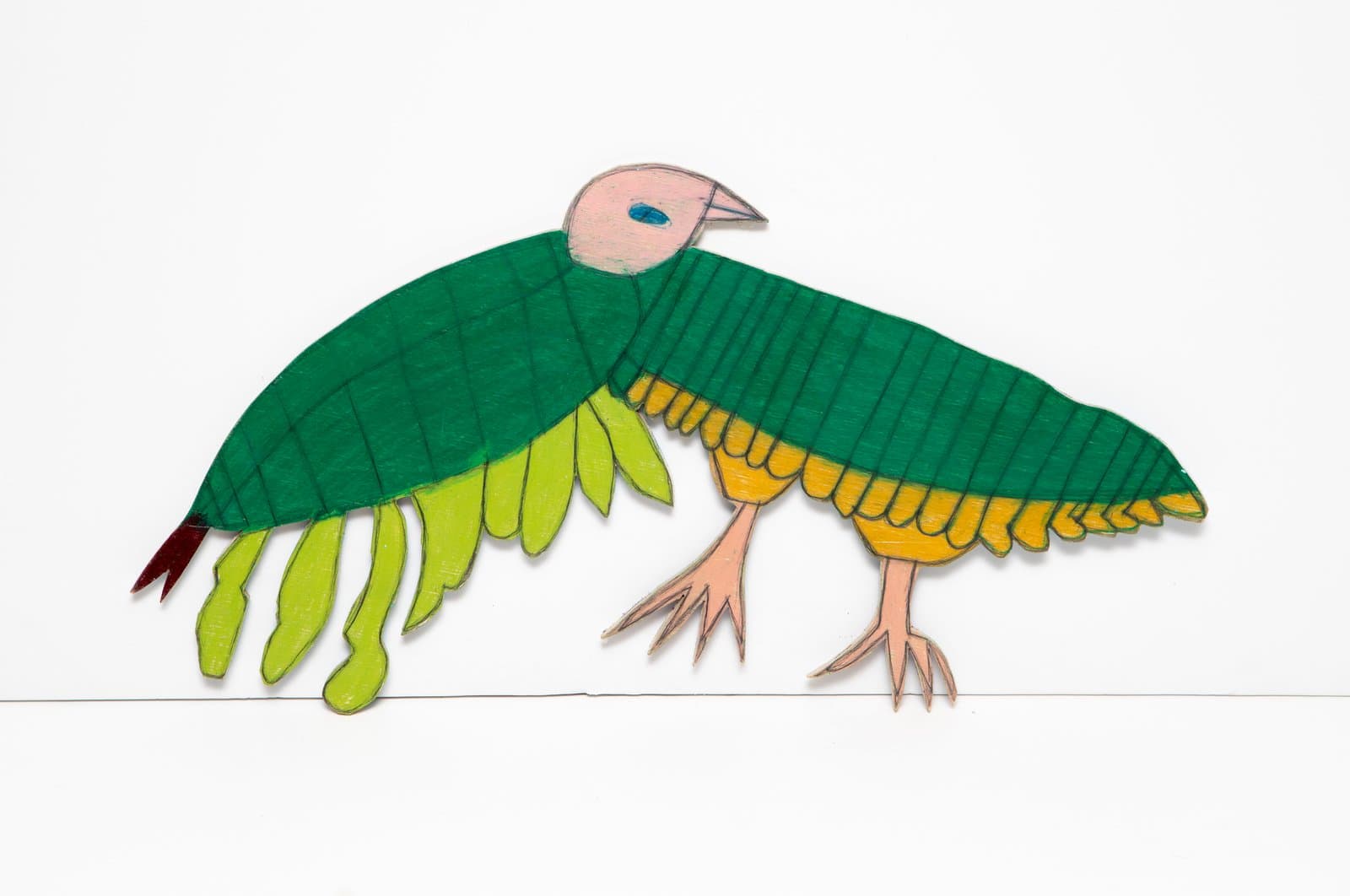 Cut-out wood painting of a stylized bird with green wings, yellow underside, and pink head, rendered in marker on wood.