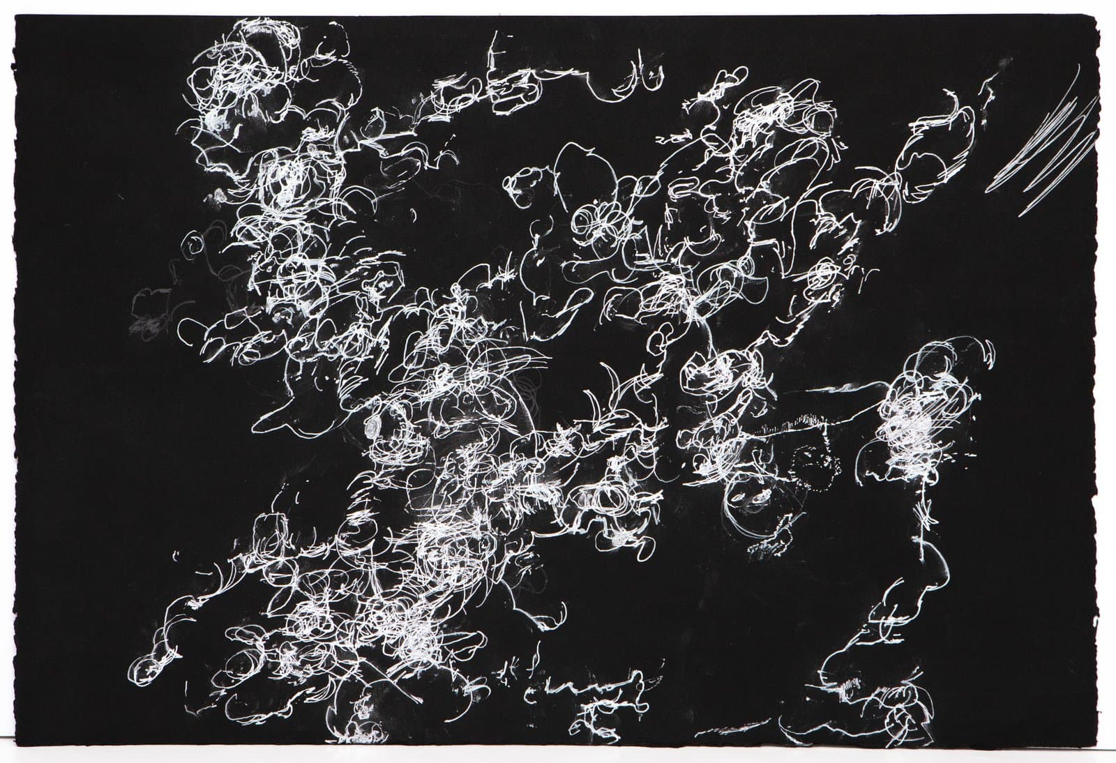Abstract ink drawing with dense white gestural lines and looping marks scattered across black paper.