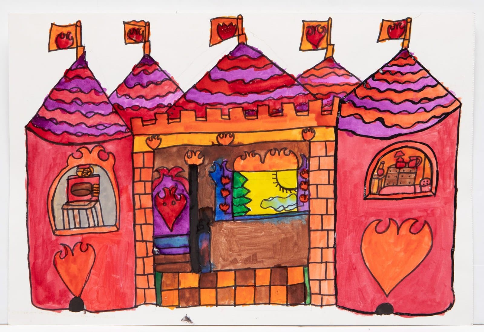 Child's drawing of a colorful castle with five towers, heart decorations, and flags, created with markers or crayons