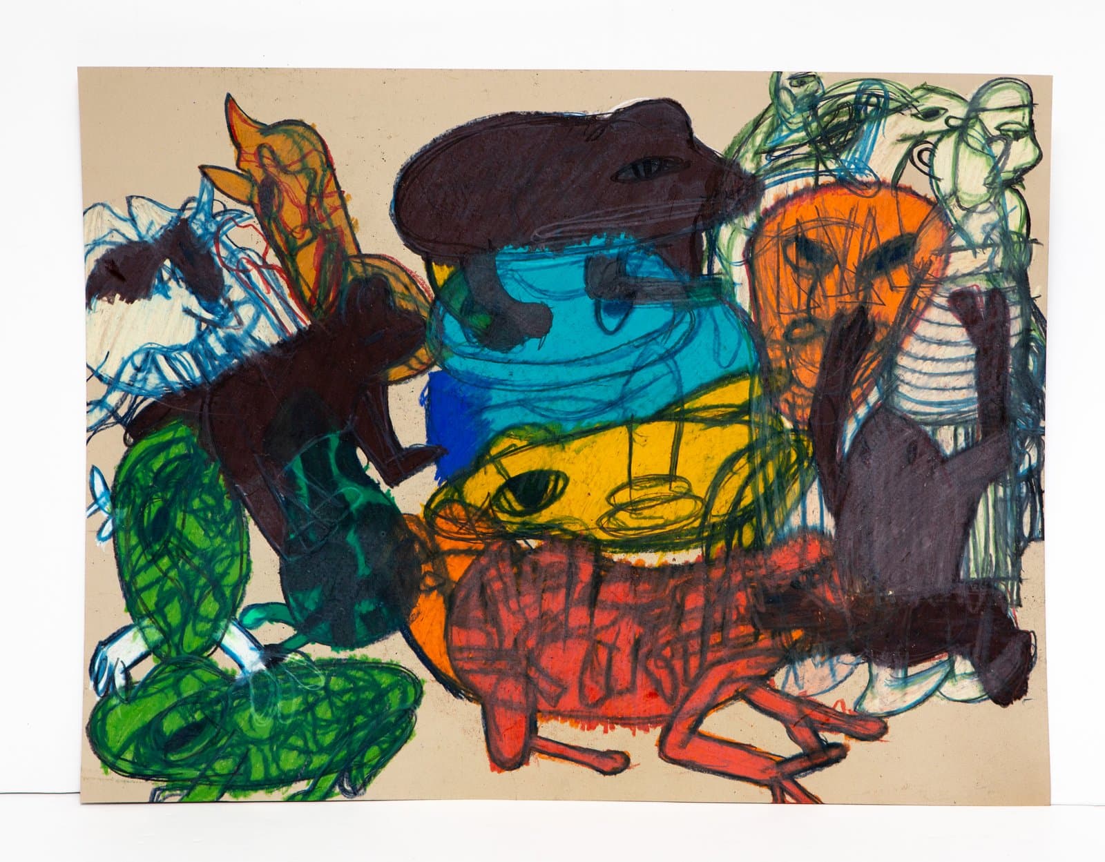 Energetic mixed-media drawing on tan paper featuring layered figural forms in green, orange, blue, yellow, and dark brown.