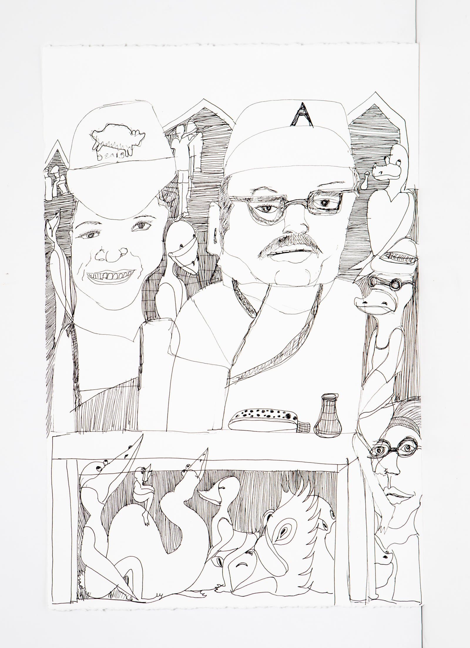 Pen on paper drawing depicting two portraits with hats surrounded by birds, animals, and figures in dense black linework.