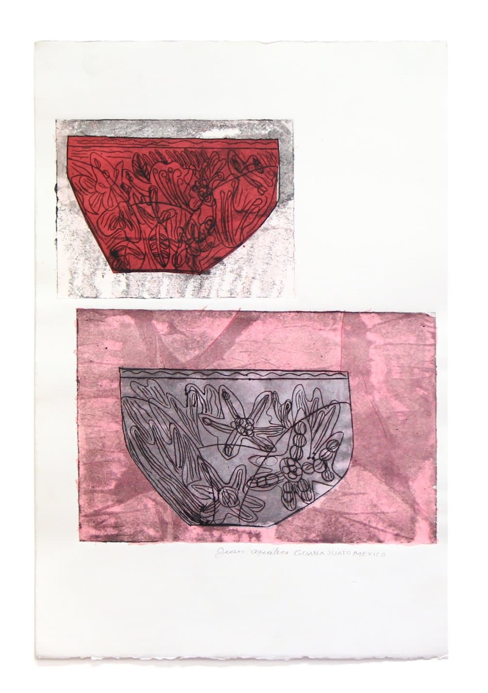 Hand colored etching with two bowl forms filled with floral line work, one red and one gray-pink, on white paper.