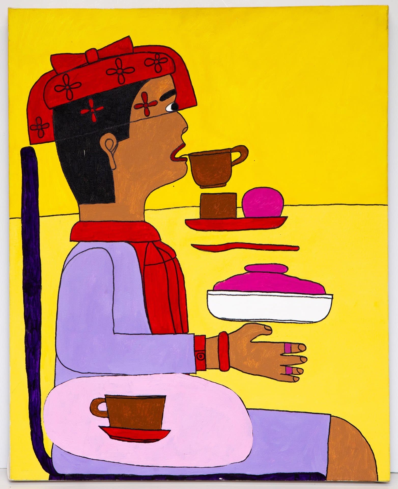 Acrylic painting of figure with red headband holding floating dishes and cups against bright yellow background