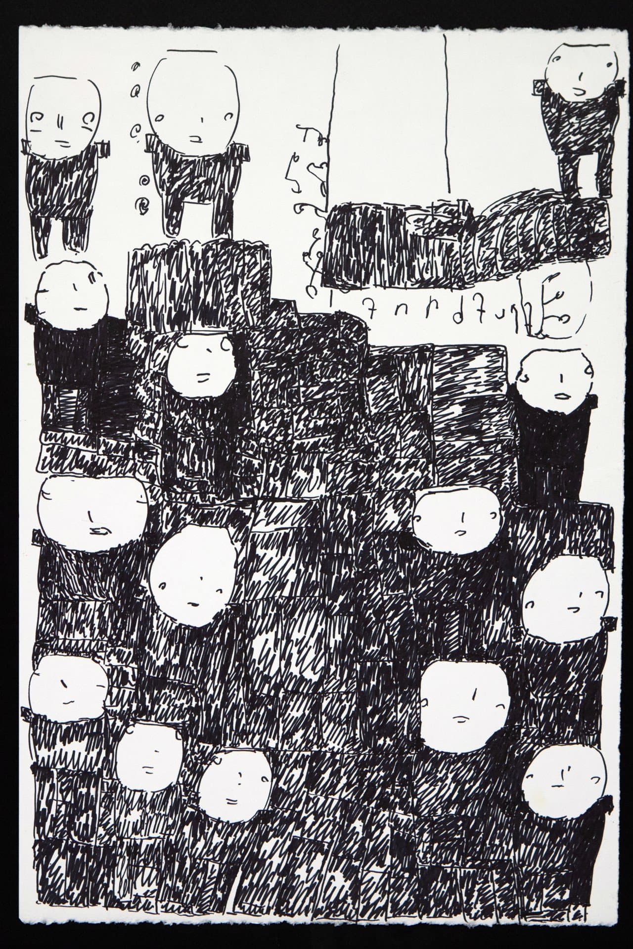 Black ink drawing on white paper depicting multiple simplified human figures with round heads and dark scribbled bodies