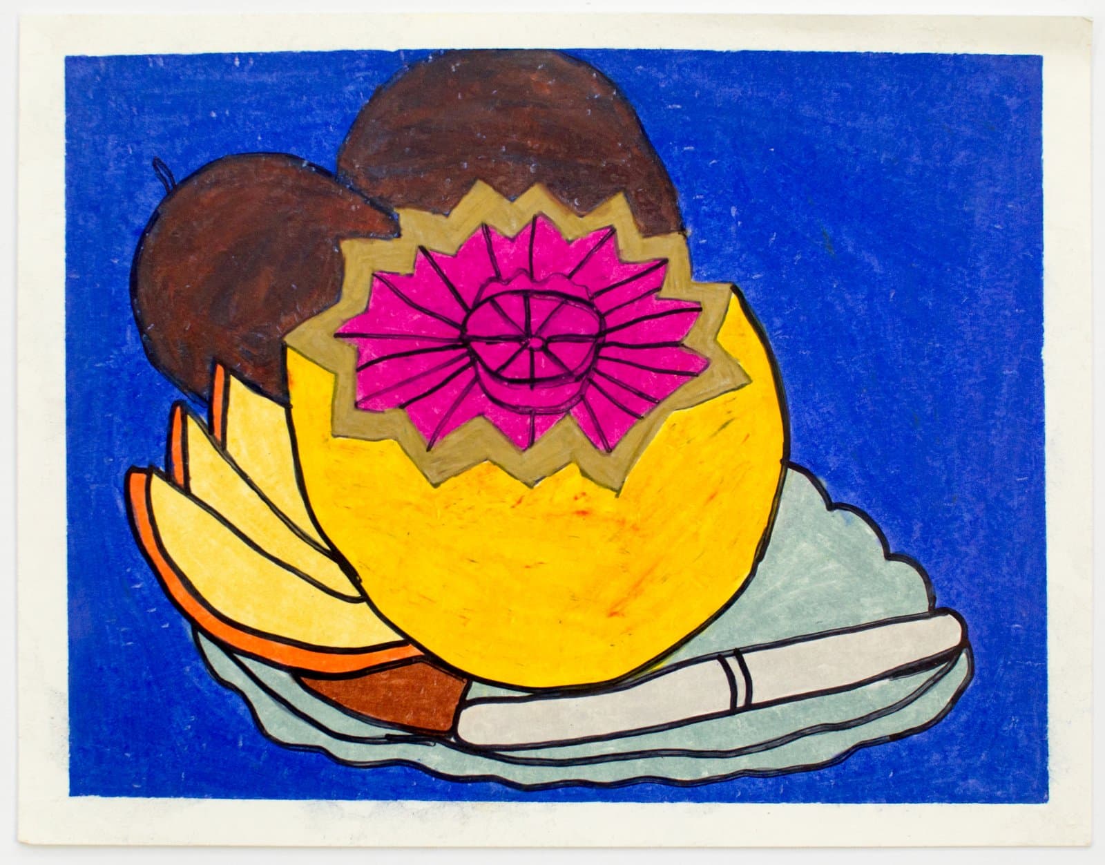 Still life drawing of fruit and a plate in marker and crayon, featuring yellow, magenta, brown, and orange on blue background.