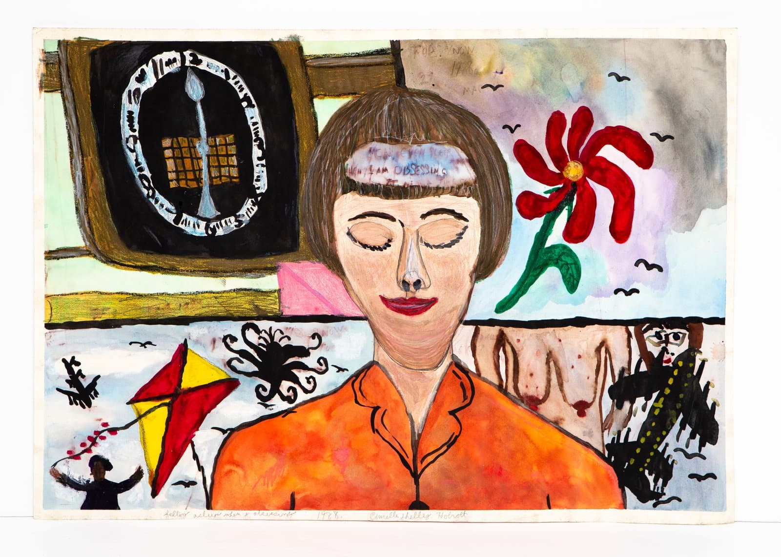 Mixed media painting on paper depicting a central female figure with closed eyes in an orange top, surrounded by a red flower, kite, and framed oval motif.