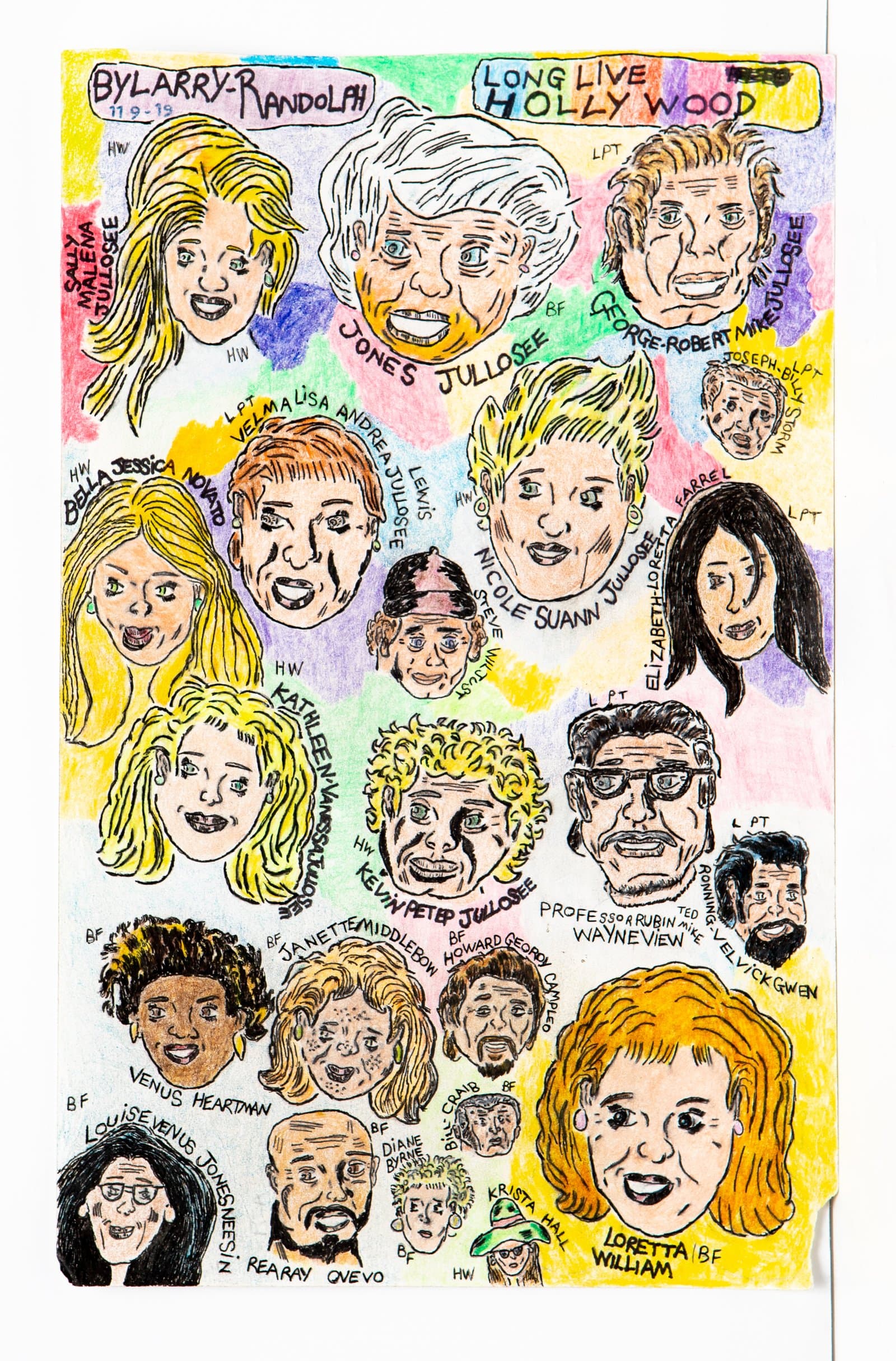 Pen and colored pencil drawing covering paper with grid of named portrait faces on a multicolored background, titled 'Long Live Hollywood.'