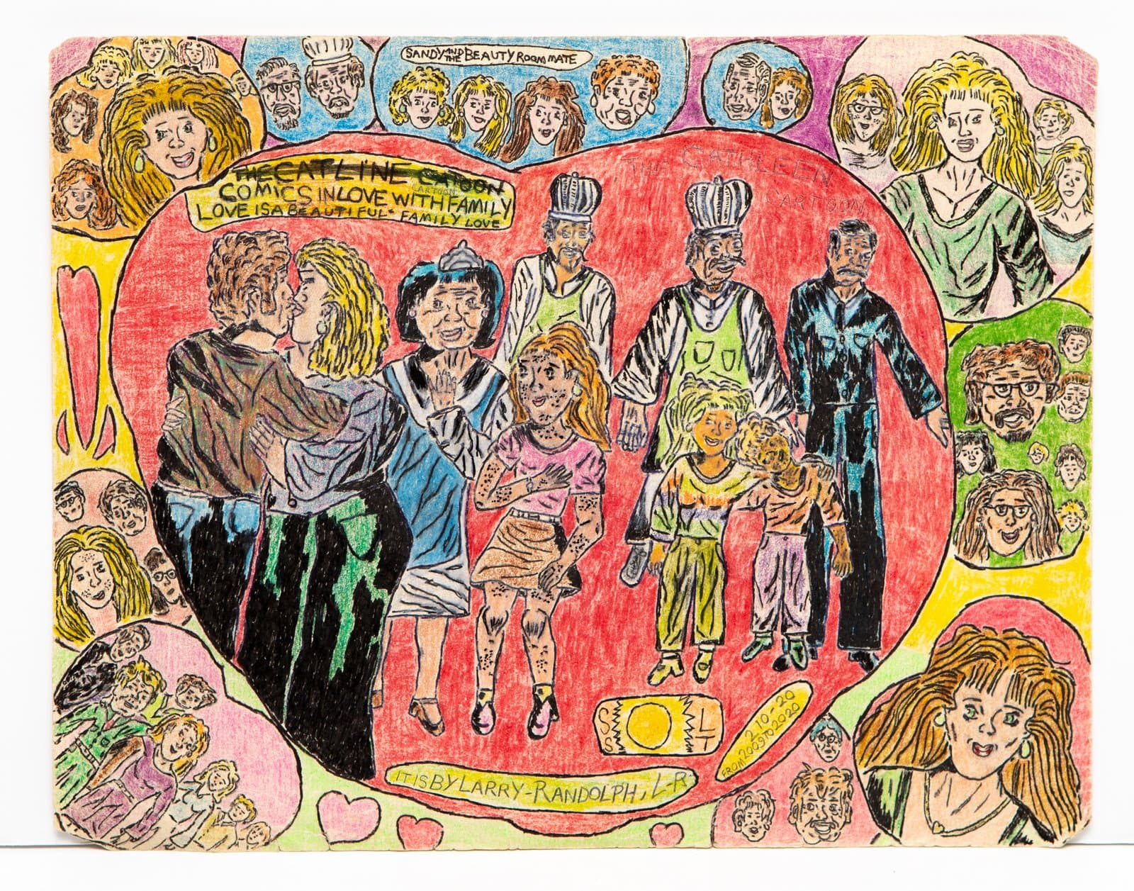 Colorful pen and colored pencil drawing of a group of figures inside a red oval, surrounded by portrait vignettes on yellow and pink backgrounds.
