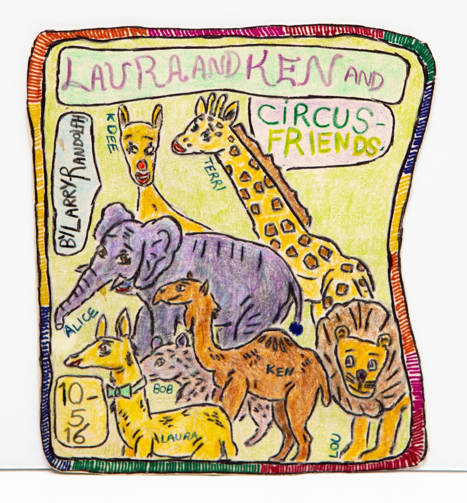 Pen and colored pencil drawing of named circus animals including a giraffe, elephant, lion, and deer on yellow-green background.