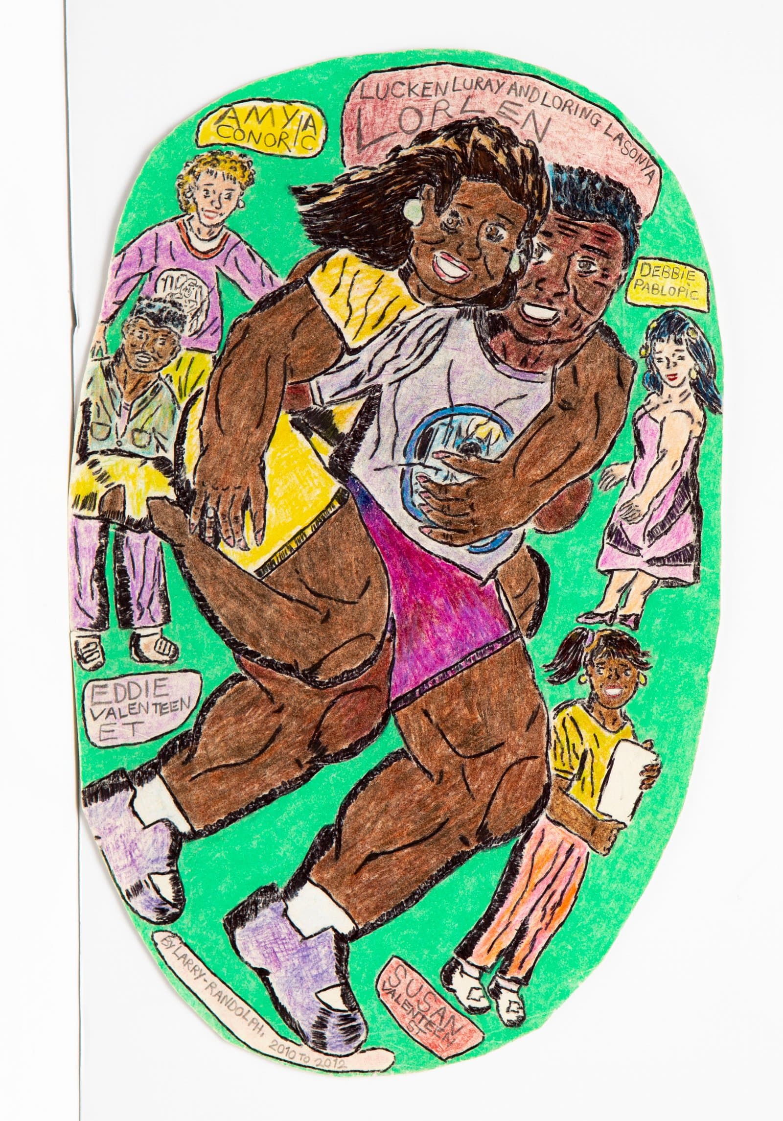 Colored pencil drawing on oval-cut paper depicting a central embracing couple surrounded by smaller figures on a bright green background.