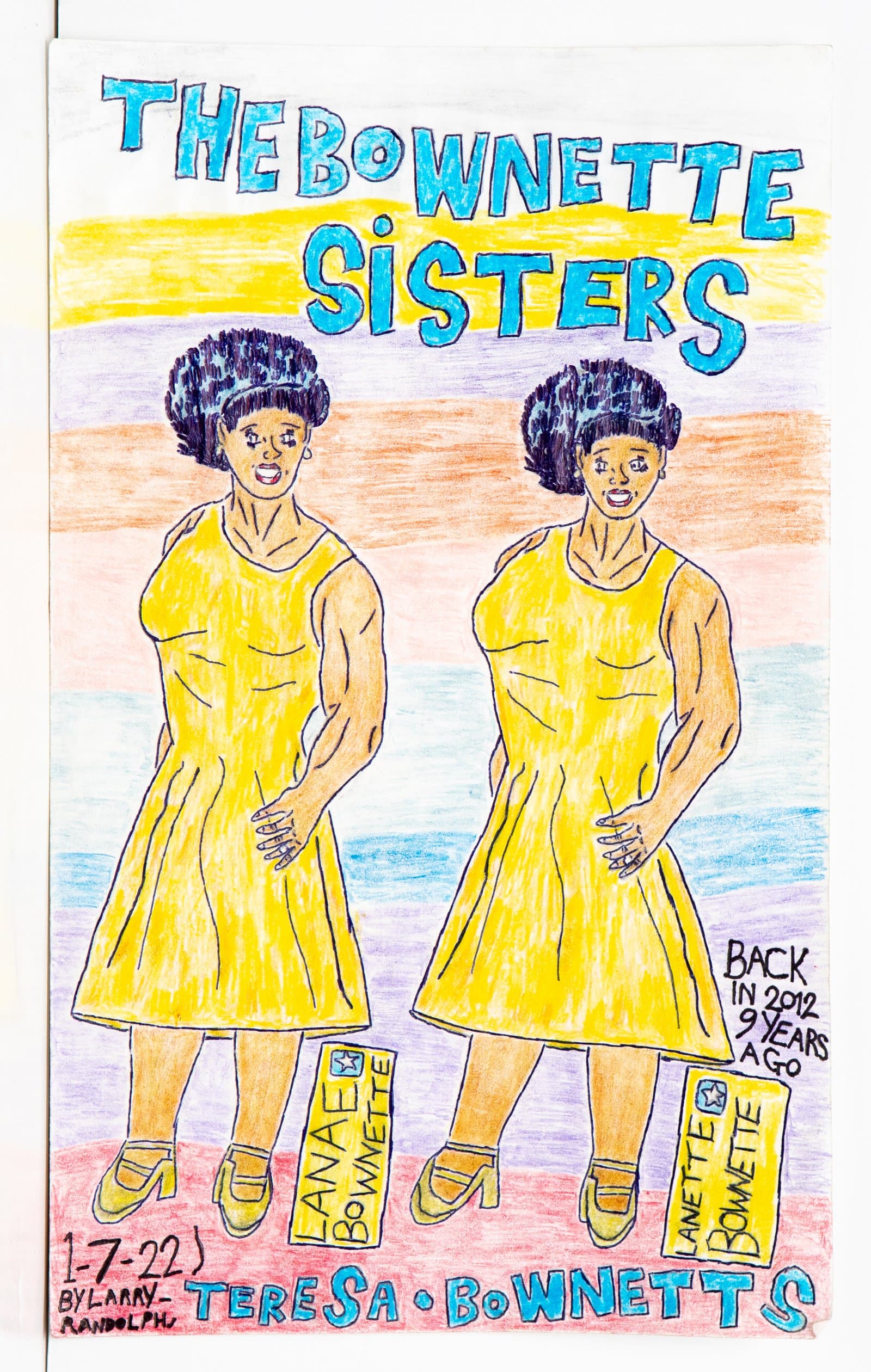 Colored pencil and pen drawing of two women in yellow dresses labeled 'The Bownette Sisters' with text identifying each figure.