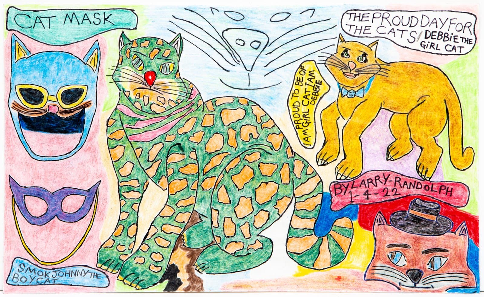 Pen and colored pencil drawing featuring multiple cats and masks with handwritten text labels on white paper.